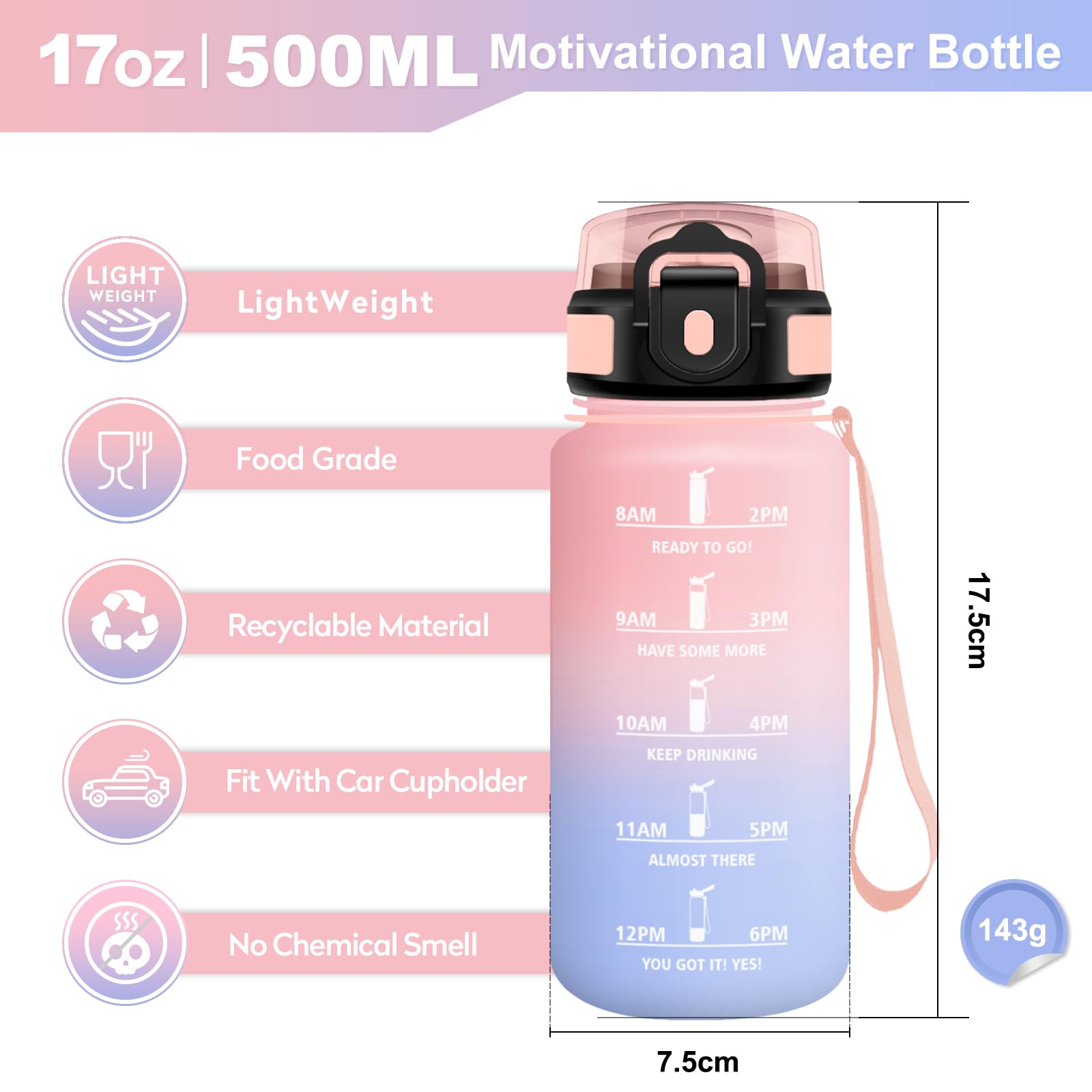 Borraccia 500ml, Borraccia Sportiva con Marcatori Temporali, Borraccia con Cannuccia, Bottiglia Riutilizzabile, Bottiglia senza BPA, A Prova di Perdite, Borraccia Sport per Bambini, Scuola, Ufficio