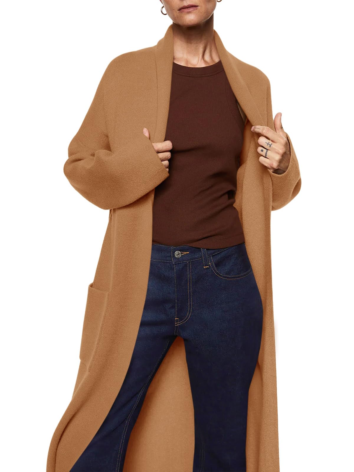 Langärmeliger Maxi-Cardigan für Damen, offene Vorderseite, übergroßer Strickpullover, lässiger Revers, warmer Mantel mit Taschen