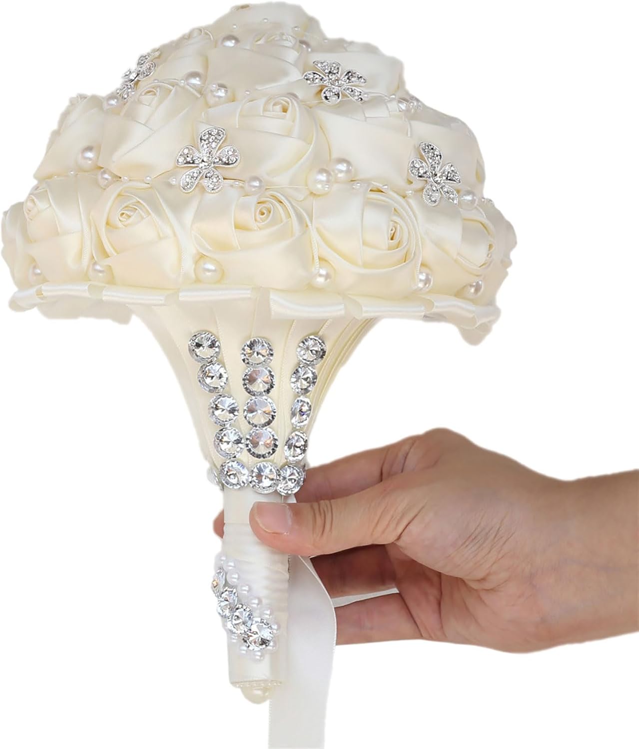 USIX Handcraft Popular Satin Rose Rhinestone Brooch Flower Pearl Bridal Holding Wedding Bouquet Wedding Flower Arrangements Bridesmaid Bouquet(Ivory)