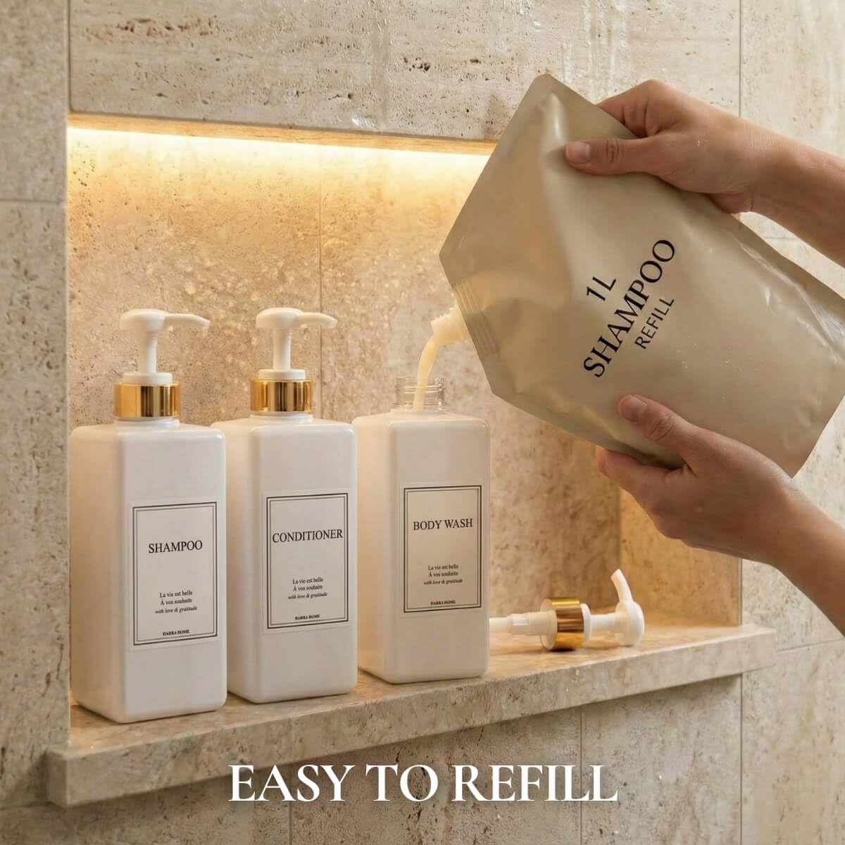 Modern Gold Design Lot de 3 distributeurs de shampooing et d'après-shampoing Rechargeables en Plastique pour Salle de Bain et Douche Blanc 765,4 g
