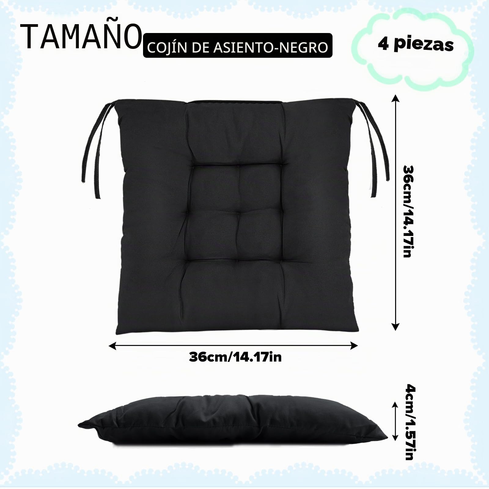 Juego de 4 cojines para silla, 36 x 36 cm, para exteriores, con lazos, para interior y exterior, color negro