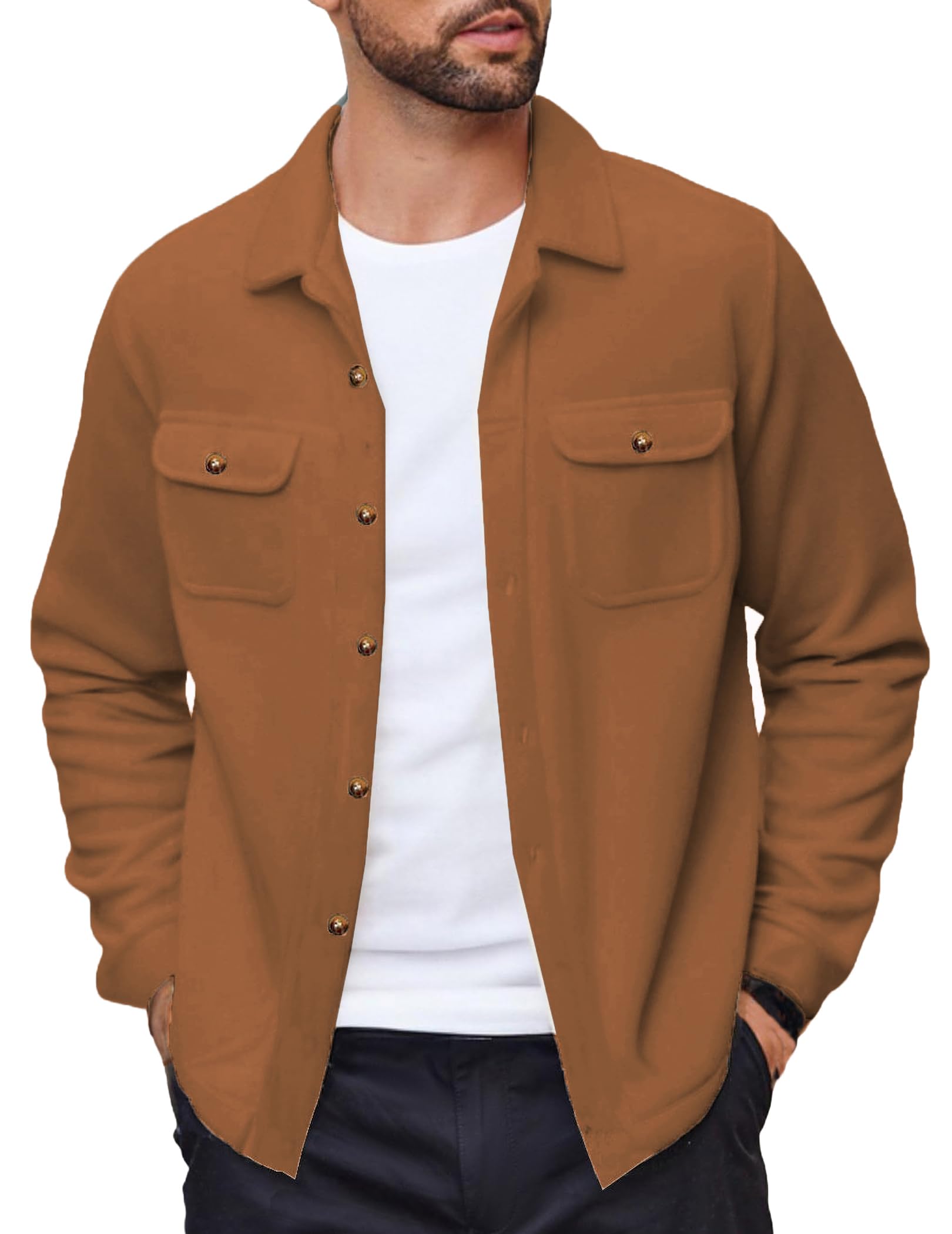 COOFANDY Mens Polar Fleece Shacket Long Sleeve Casual Button Down Shirt Jacket with Pockets