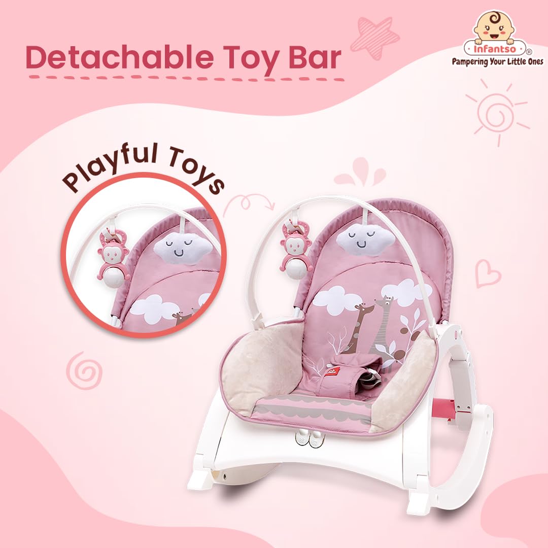 INFANTSO Baby Rocker & Bouncer for 0 to 2 Years (Pink), Chair for Newborn with Calming Vibrations, Music & Toys, with Feeding Tray 4