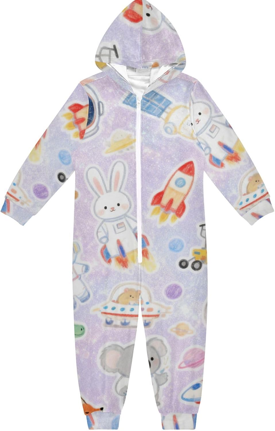 Cartoon Purple Space AnimalsUnisex OnesieZip Up Hooded Loungewear Sleepwearfor Parties Sleepovers