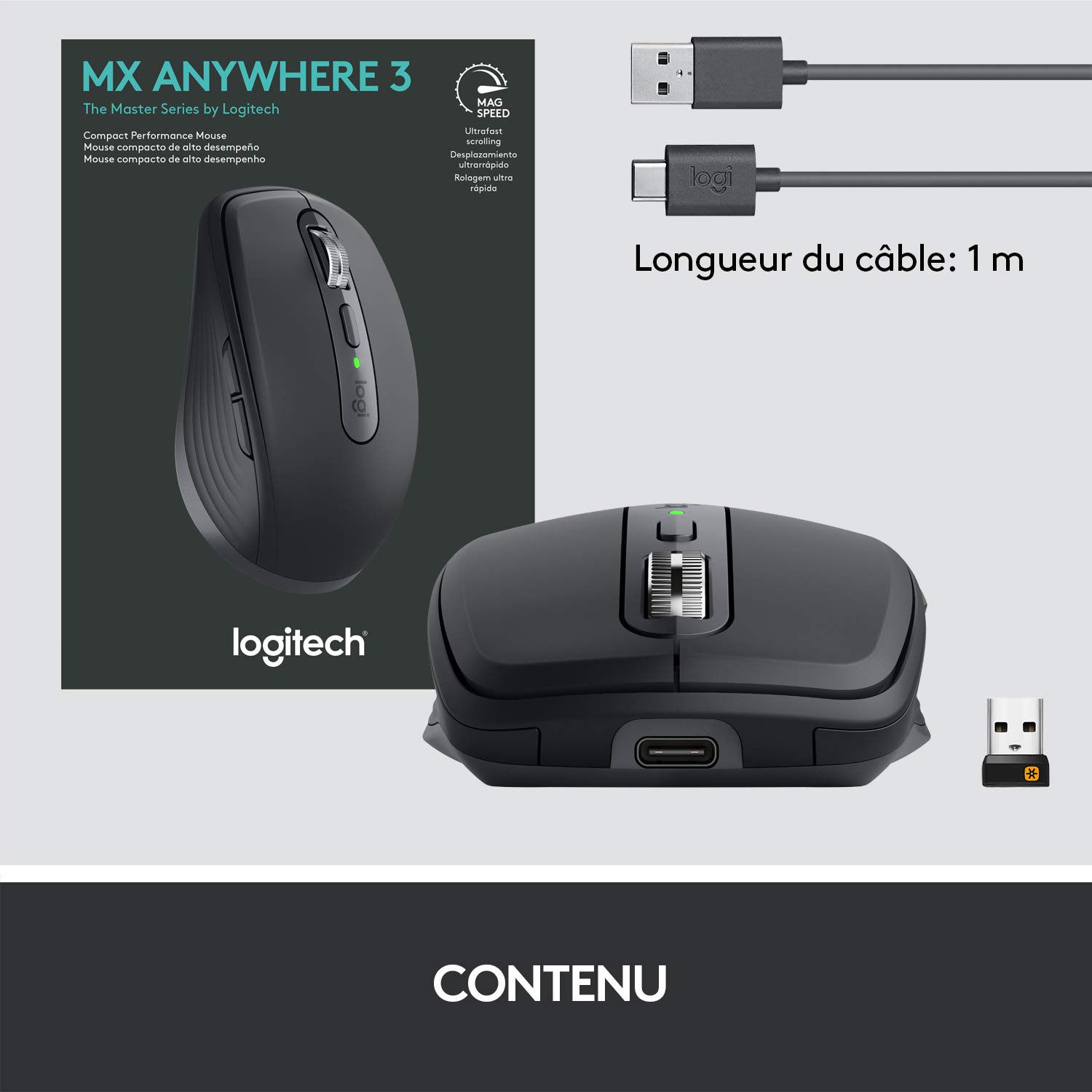 Logitech MX Anywhere 3, Souris Compacte et Puissante- sans Fil, Défilement Magnétique, Ergonomique, Boutons Personnalisables, USB-C, Bluetooth, Apple Mac, iPad, PC Windows, Linux, Chrome - Graphite