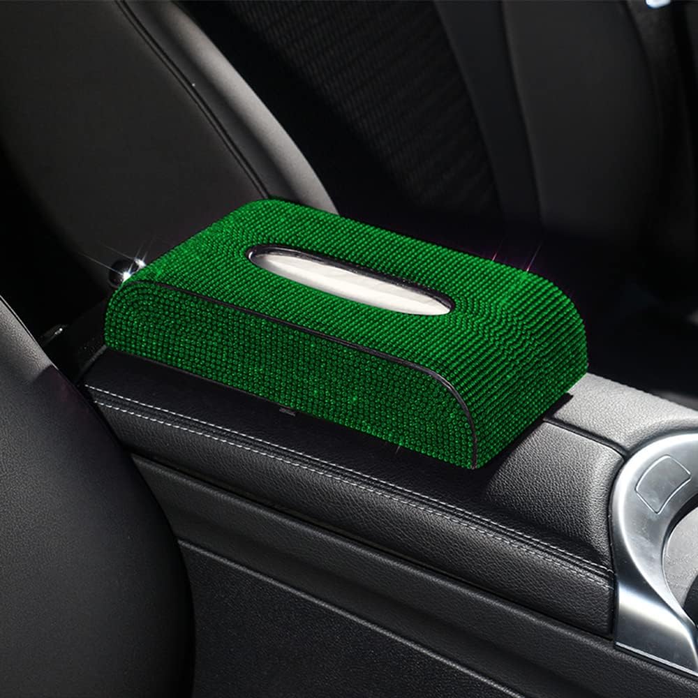 Bling Rhinestone Tissue Box Cover Crystal Diamonds Tissue Holder,Made by Premium Leather,Perfect for Women Car,Office,Home (Green)