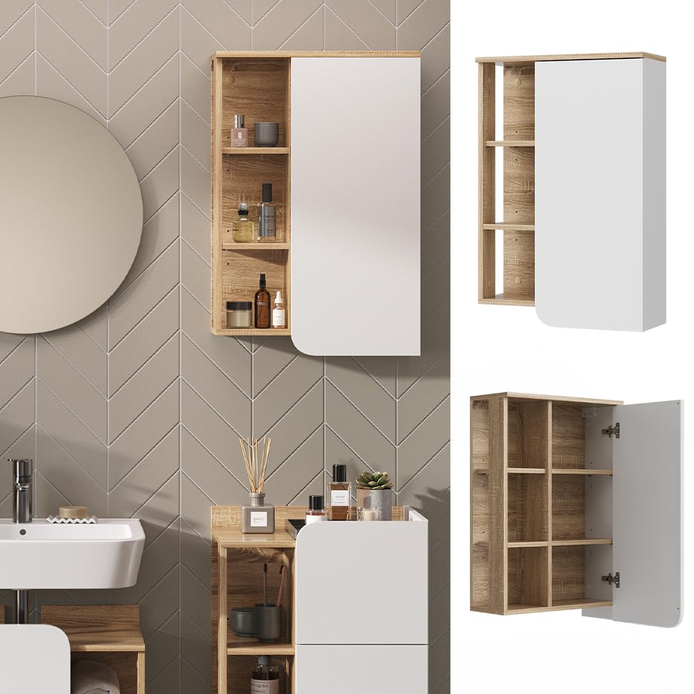 Vicco Armario de baño Karen, Sonoma/Blanco, 50 x 75 cm | con puerta y compartimentos abiertos, para montaje en pared con estantes abiertos y cerrados