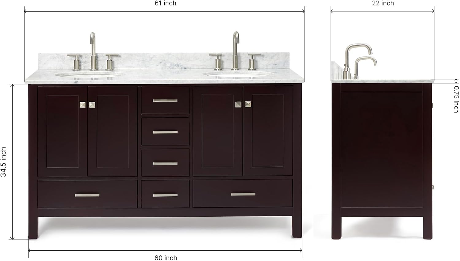 ARIEL Double Bathroom Vanity 61" Espresso with Italian Carrara Marble Countertop & Backsplash, Center Oval Sinks, 4 Soft Closing Doors, 6 Full Extension Dovetail Drawers, Matte Black