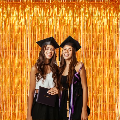 Image of TONIFUL 3Pcs Orange Door Streamers,Photo Booth Backdrop Metallic Streamers Foil Fringe Curtains for Halloween Thanksgiving New Year Bachelorette Birthday Party Streamers Decor(9.9ft x 6.6ft)
