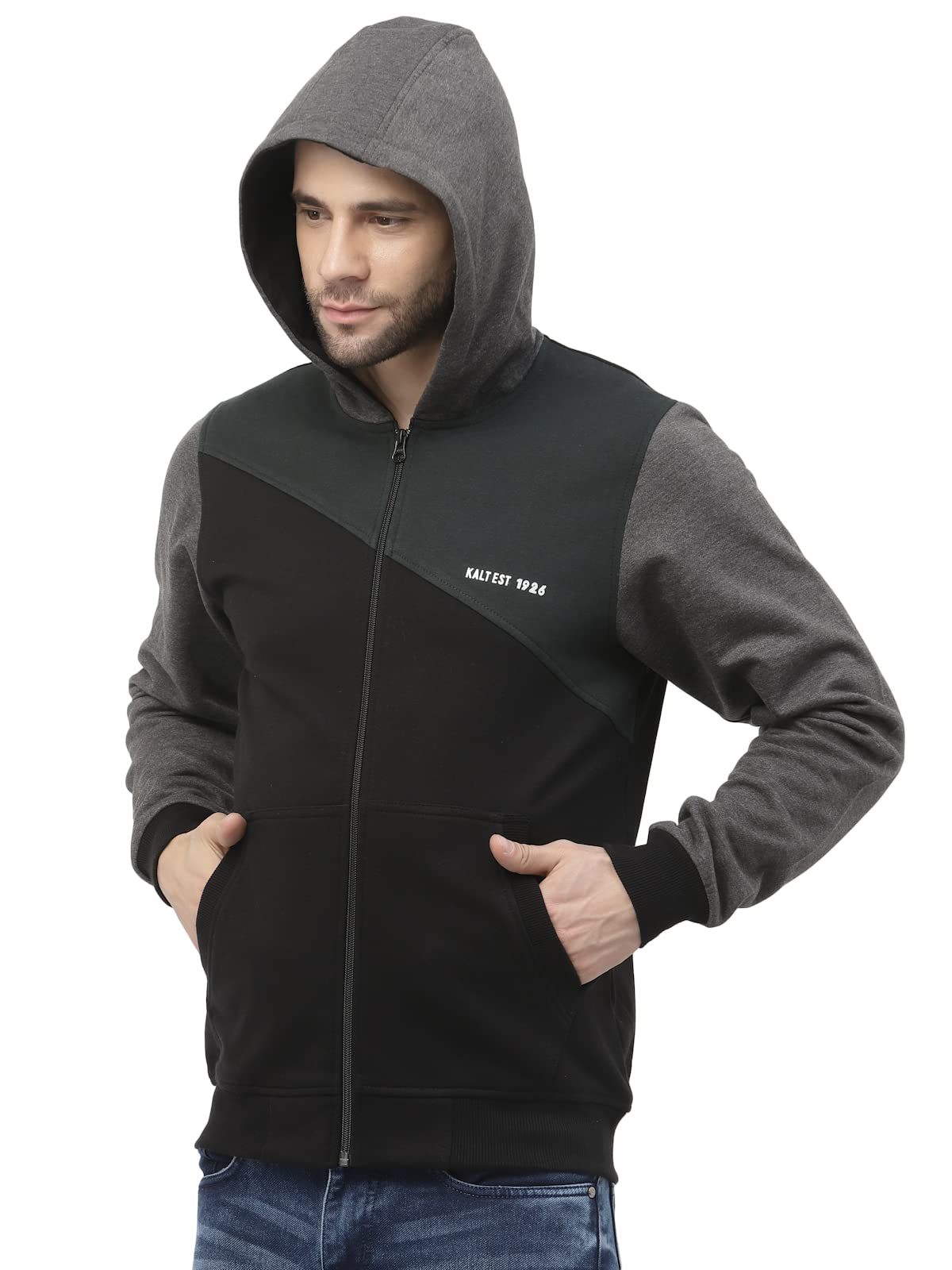 kalt Men Full Sleeves Zipper Fleece Colour Block Hoodie-picture-24