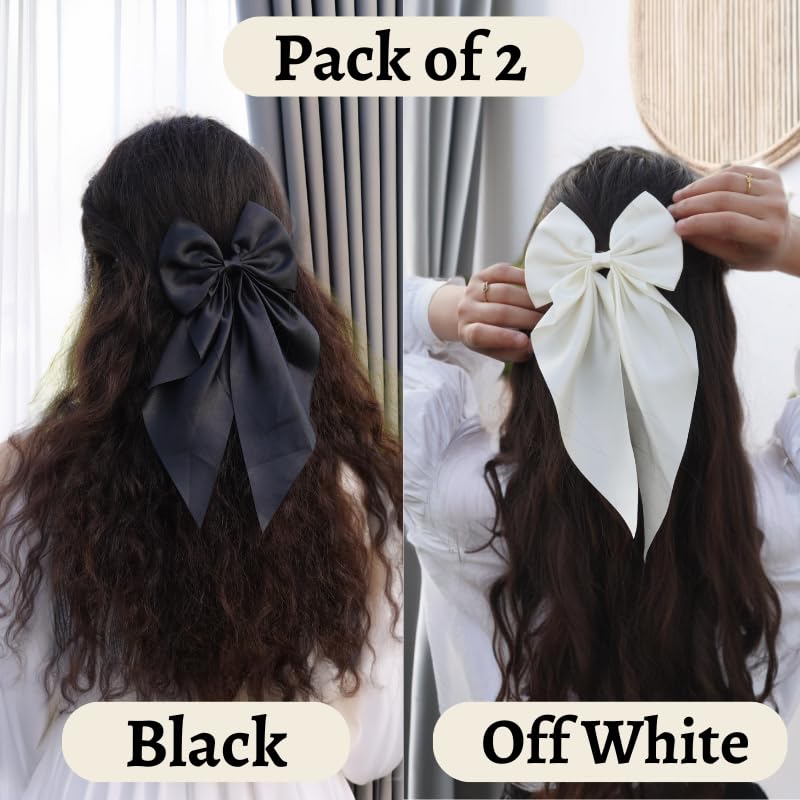 ChicTresses® 2 Pack Black and Off White Hair Bows - Bow Clips for Women and Girls - Luxury Silky Satin Barette Hair Clip - Cute Hair Accessories - Image 2