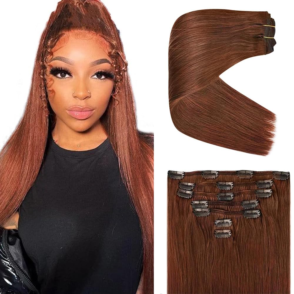 Photo 1 of #33 Reddish Brown Straight Clip in Hair Extensions,20 Inch Soft Real Human Hair,Auburn Brown Clip ins 120g 7pcs Per,Brazilian Remy Copper Red Straight Human Hair Extensions.
