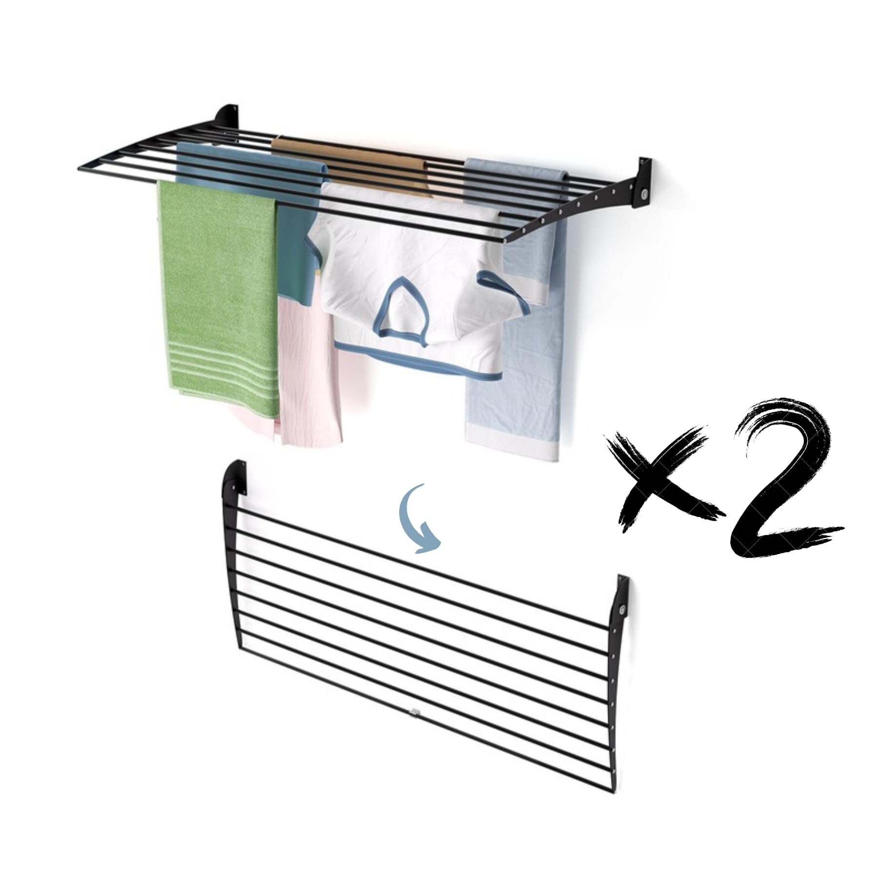 2X Foxydry Fold Down 116 Cm BlackFoldable Wall-Mounted Clothes AirerSpace-Saving Dryer