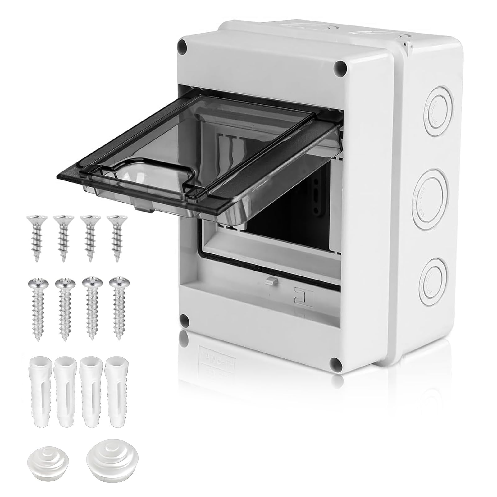 5 Module DIN Rail Enclosure Box with 4 Terminals & 2 Connectors, IP65 Waterproof Consumer Unit Box - Transparent Cover Fuse Box for Indoor/Outdoor (Garden, Garage, Farm, Charging Stations)