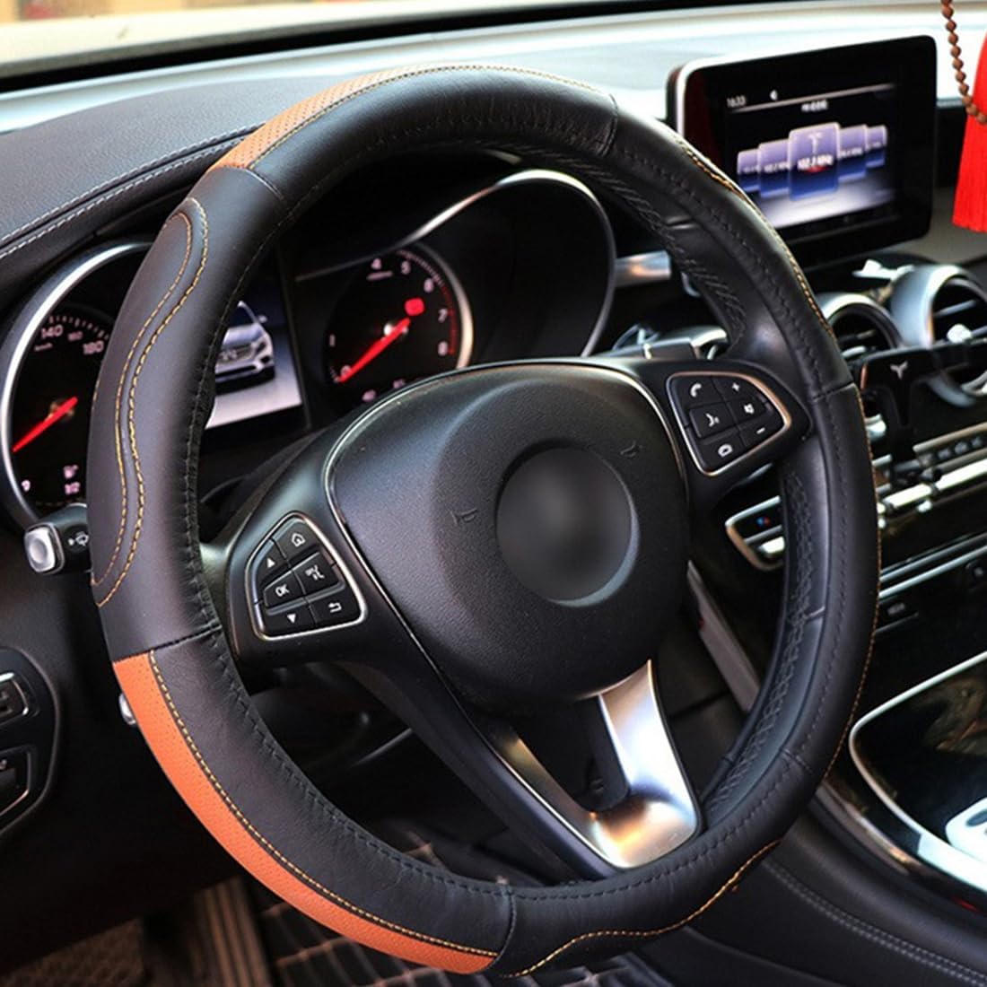 Leather Contrasting Color Steering Wheel Cover Patchwork Four Season Handlebar Cover Beige