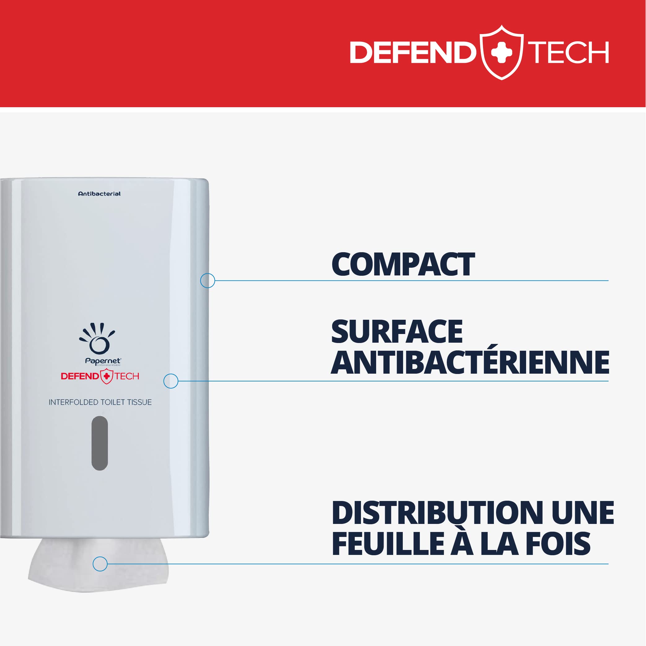 Papernet Defend Tech - Distributeur Papier Toilette Plié | (416147), Réalisé en Plastique Antibactérien, Dimensions 26,5 x 16,5 x 13,5 cm, Capacité Maximale 2500 Services, Blanc