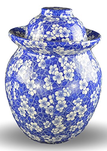 Blue and White Porcelain Pickling Jar with 2 Lids Fermenting Pickling Kimchi Crock Jingdezhen Chinese Blue Cherry Blossom (14.5 IN)