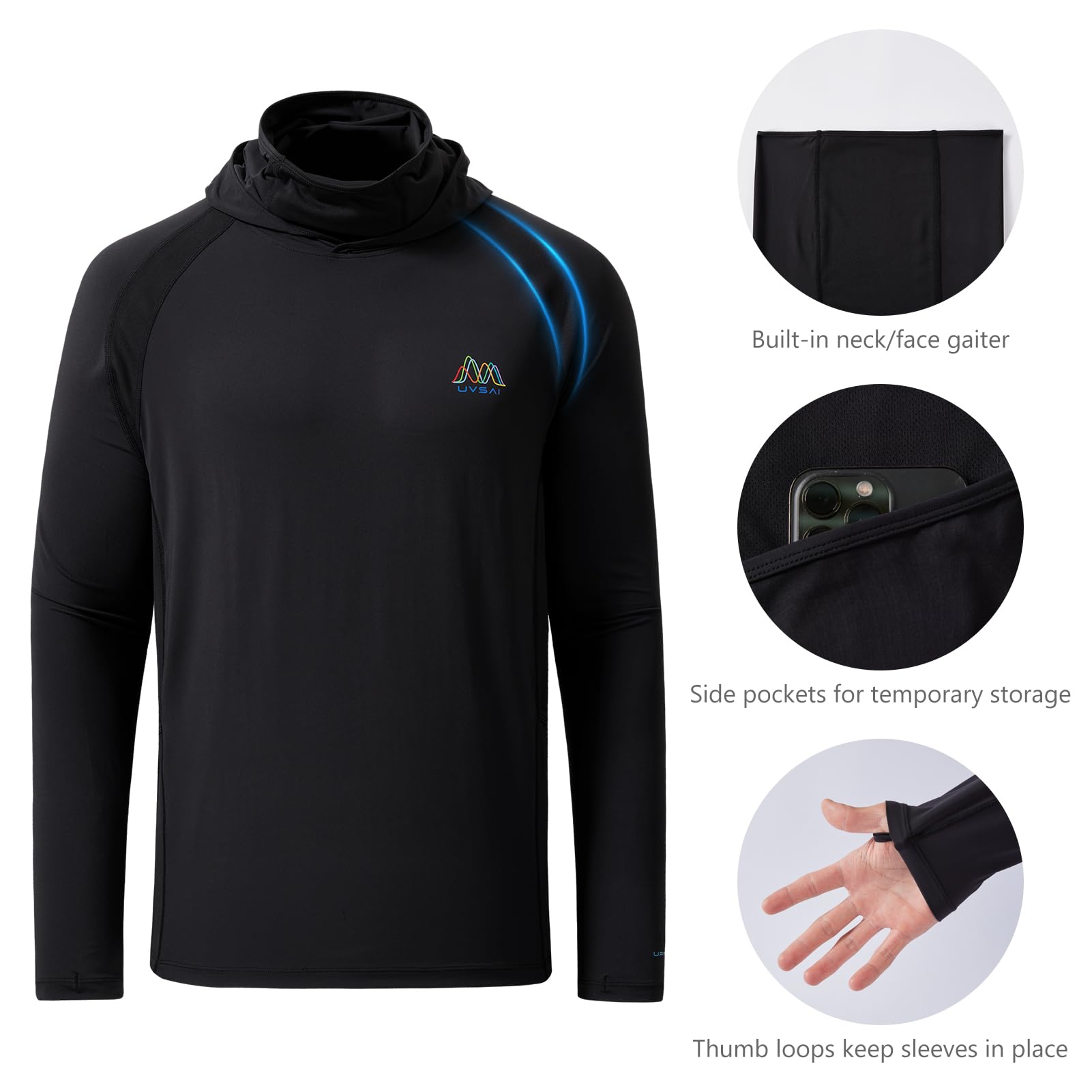 Mens UPF 50 Hoodie Shirt with Mask Long Sleeve Permanent UV Sun Protection Neck Gaiter Performance T for Outdoor product thumbnail 8