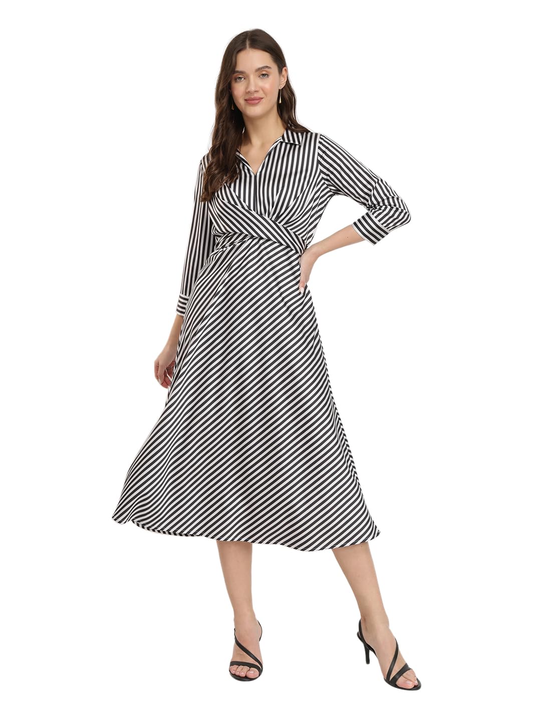 fablestreet Stretchable Satin Striped Dress - Black-picture-11