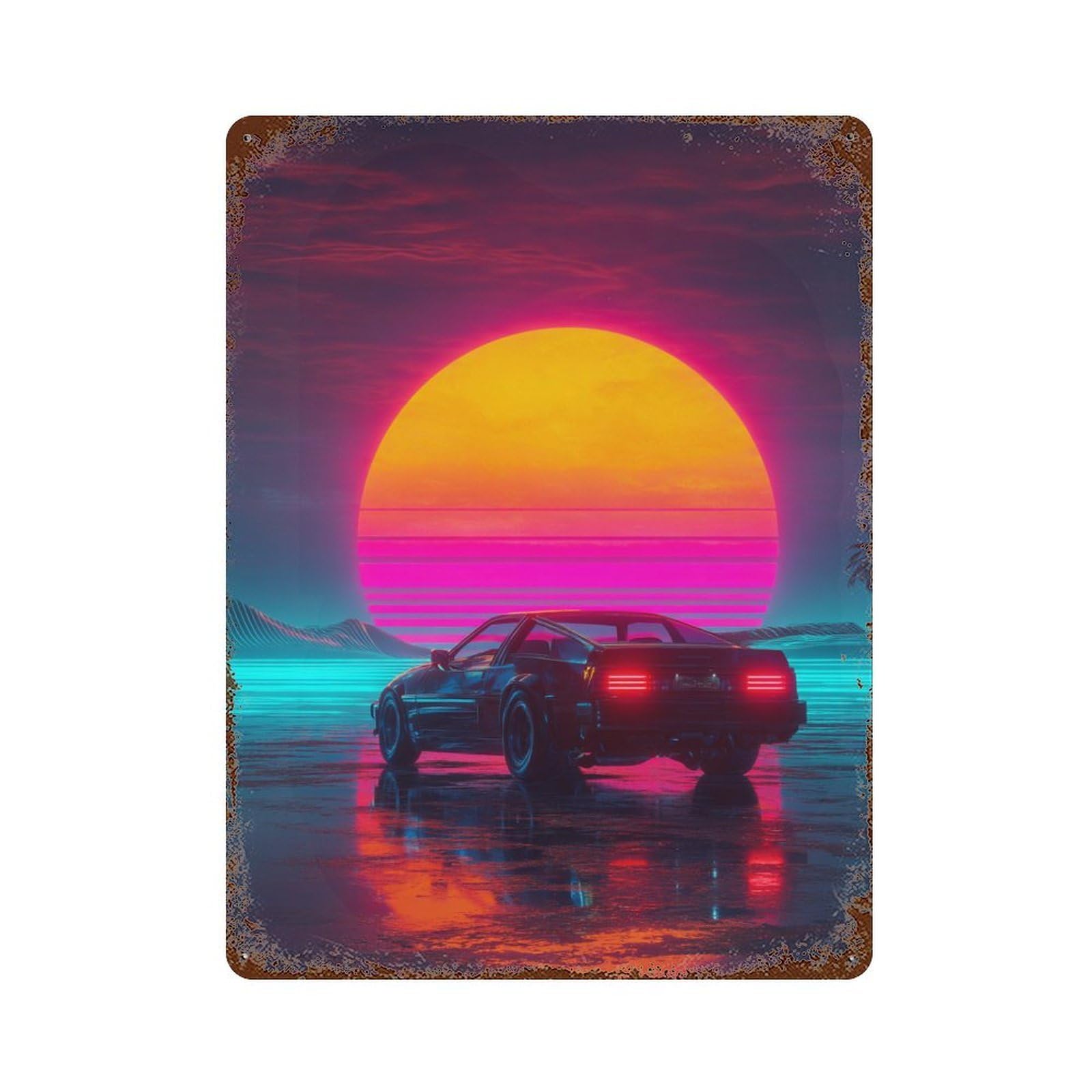 Neon Sunset Car Scene 15.7"x11.8" Weathered Tin Sign, Shabby Chic Decor for Farmhouse, Kitchen And Entryway Decor