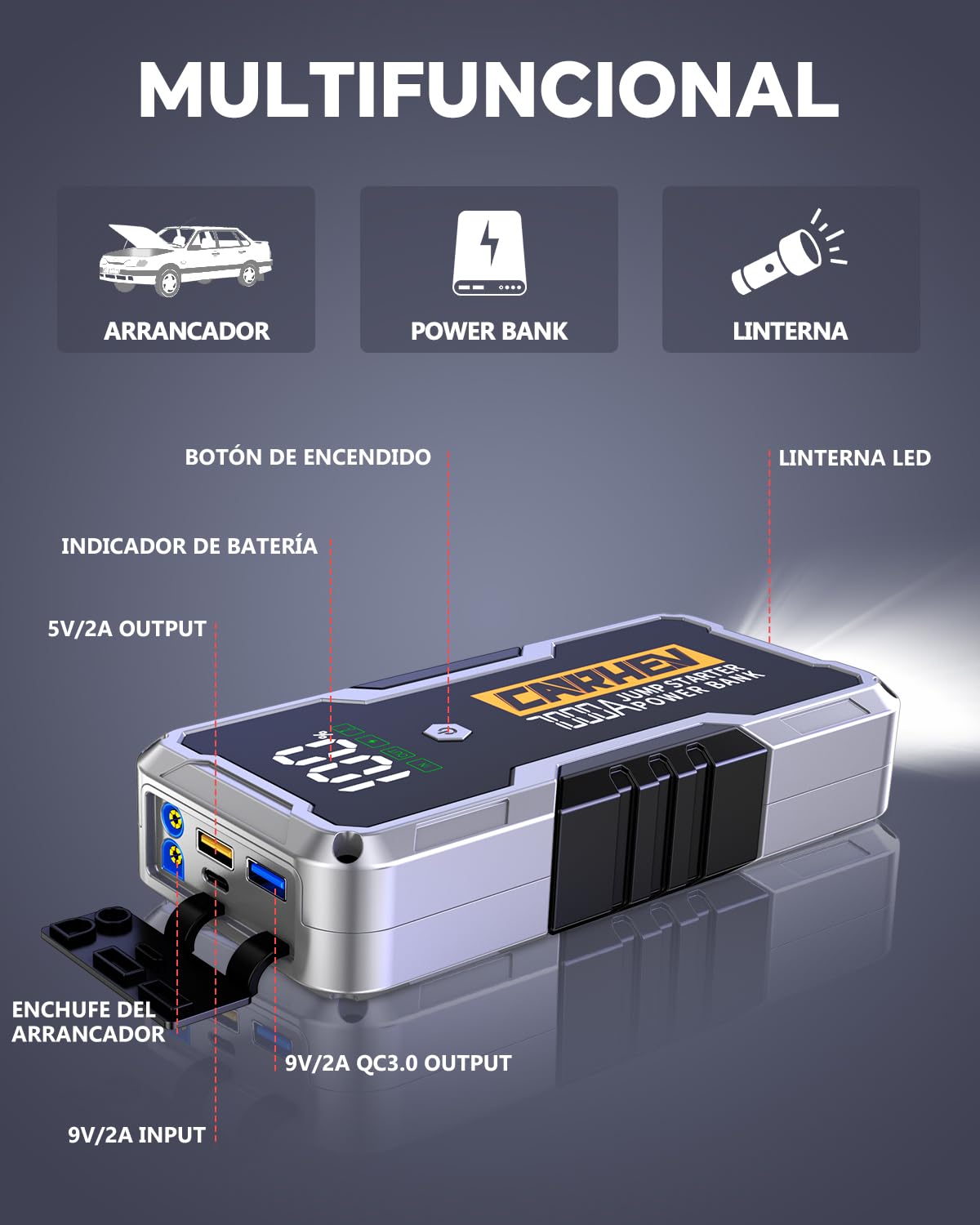 CARHEV Arrancador de Coches 7000A, 12V Arrancador de Bateria de Coche Portátil Compatible con Motores de Gasolina y diésel de hasta 10 litros, Jump Starter con Linterna LED y Pinzas bateria Coches