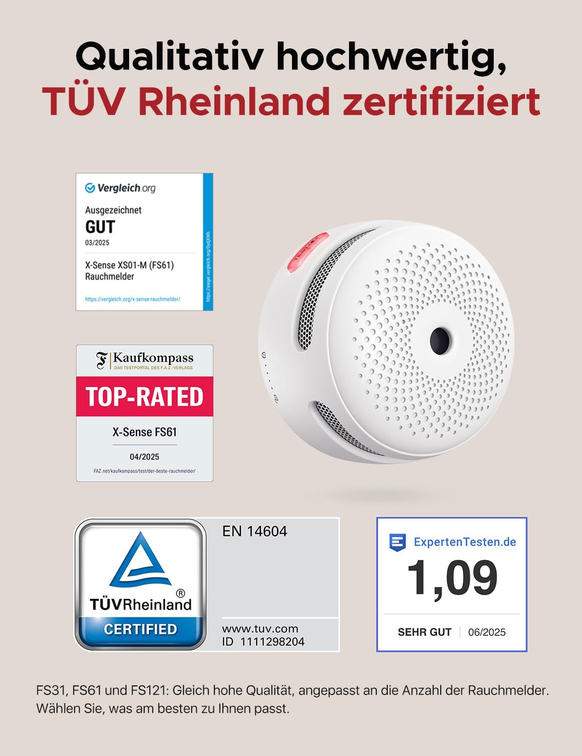 X-Sense Smart Rauchmelder XS01-M mit SBS50 Basisstation, Zertifiziert nach EN 14604, vernetzbare Funkrauchmelder mit WLAN, kompatibel mit der X-Sense Home Security App, weiß, FS61, 6 Stück