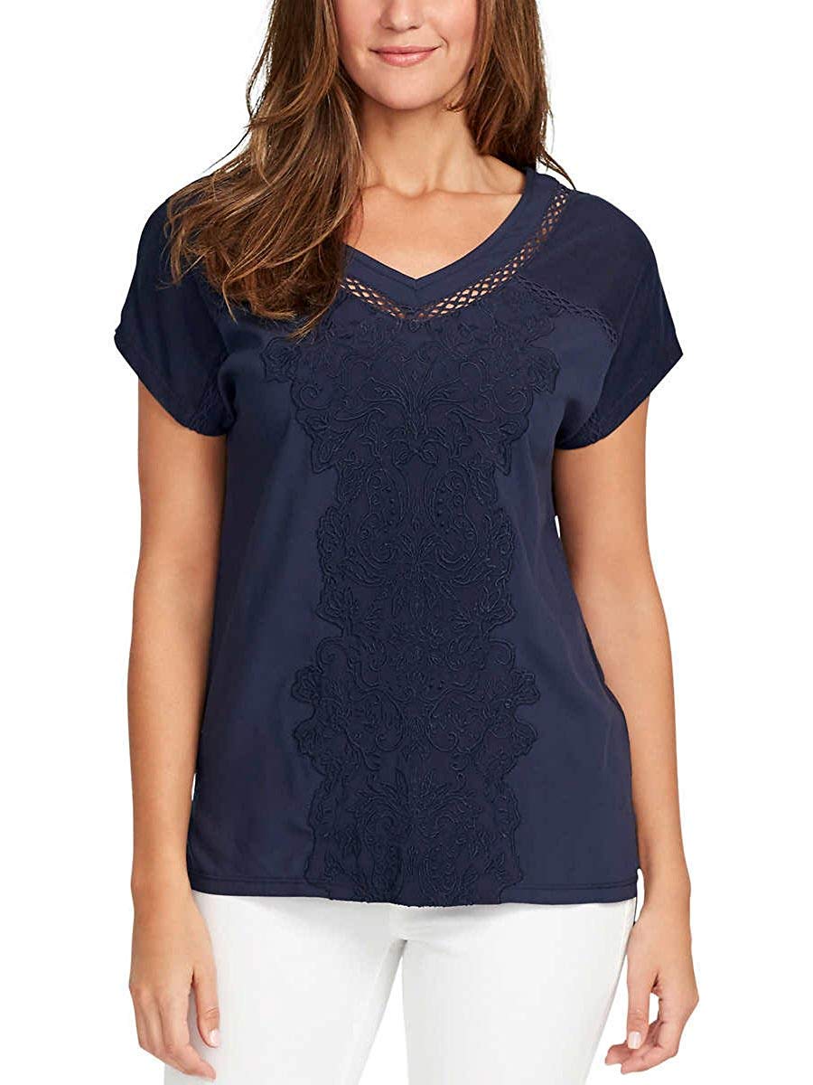 Gloria Vanderbilt Ladies' V-Neck Embroidered Top (Midnight Affair, Small)