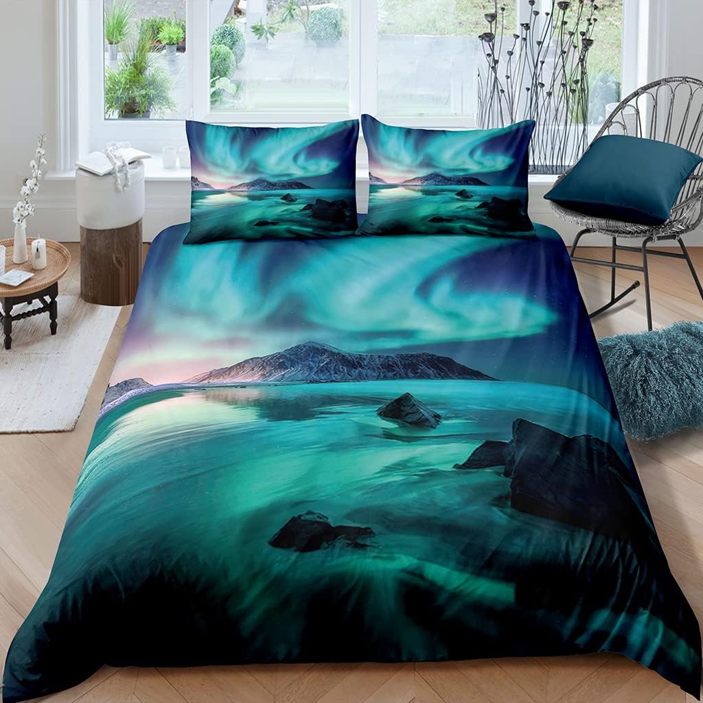 Ocean Theme 3D Aurora Winter Bedding Set Single Size 135x200 cm Soft Microfiber Duvet Cover with Zipper Closure Includes Comforter Cover and Pillowcase Cozy Winter Bedding Option