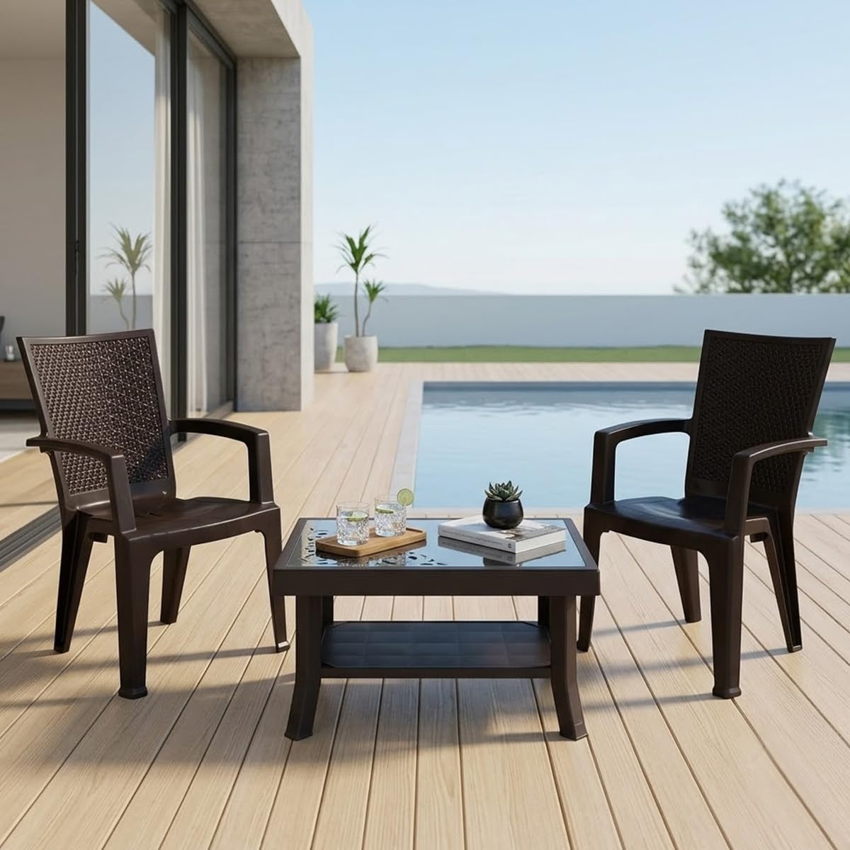 Nilkamal CHR2225 Chair and Glass Top Coffee Table Set | 2 Chairs and 1 Table | Plastic Furniture Set for Indoor and Outdoor Use, Balcony, Garden, Patio & Living Room | Weather Brown-image-40