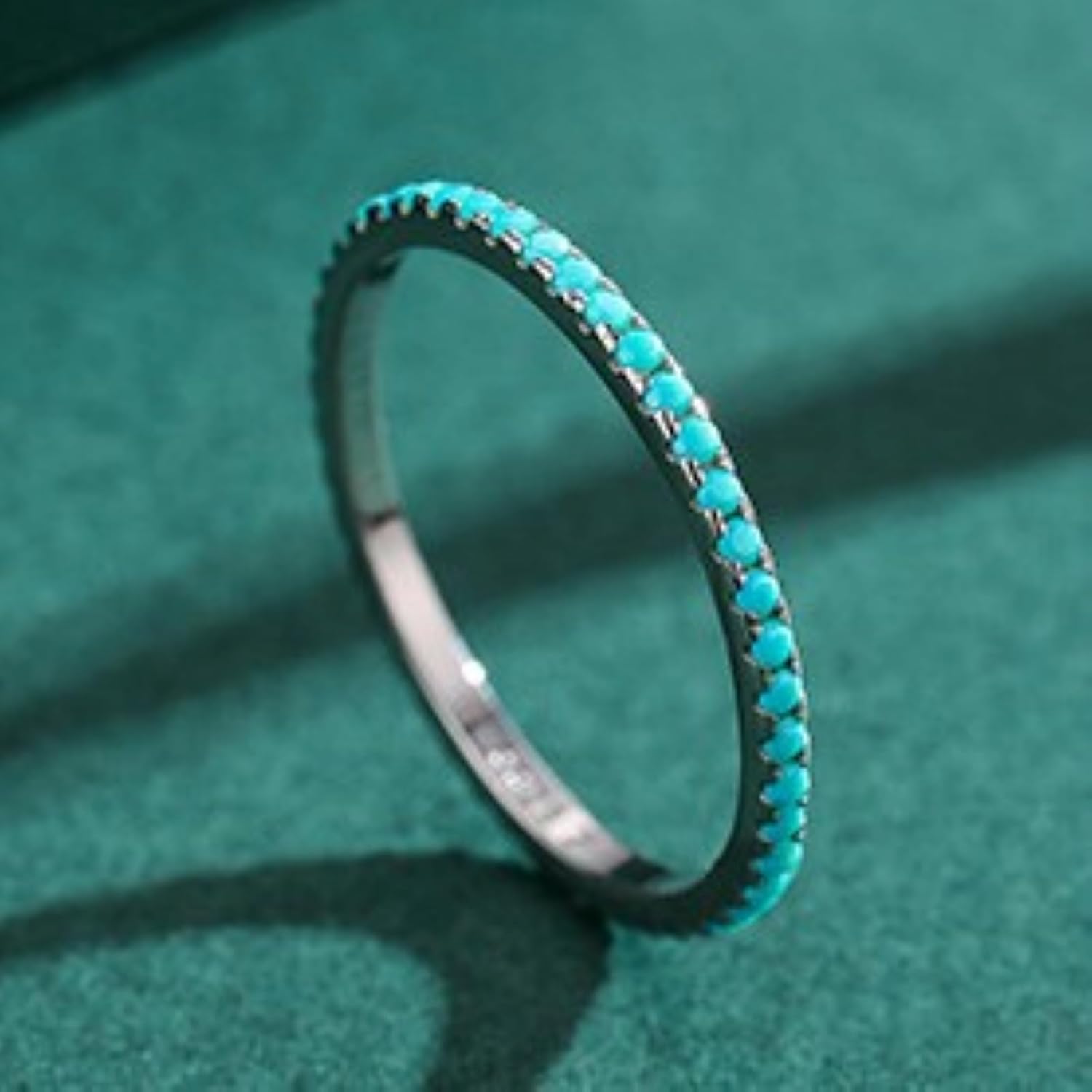 925 Sterling Silver Wedding Band Turquoise Eternity Stackable Engagement Ring, Stackable Ring Eternity Bands for Women, 1.4mm