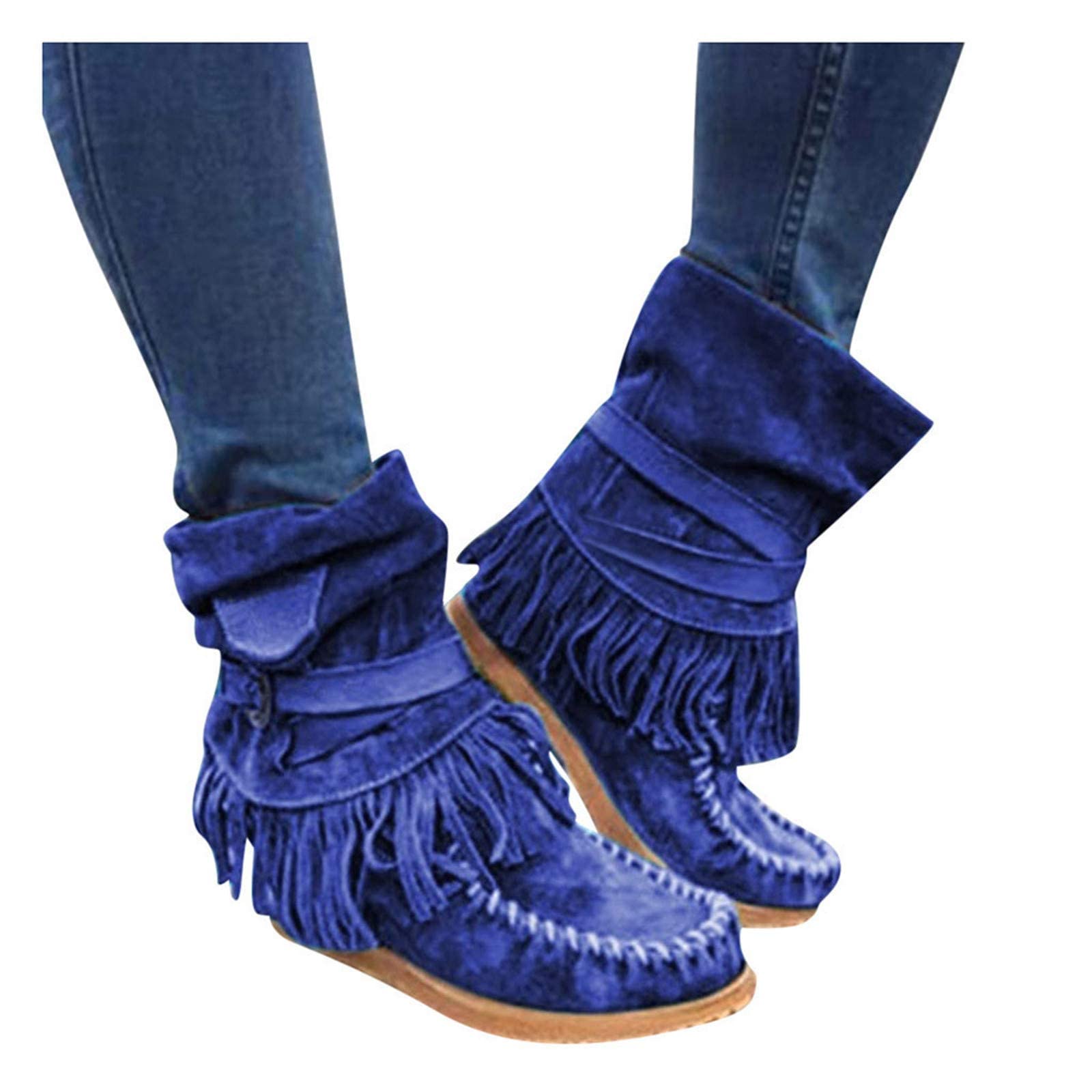Bcshiye Tassel Boots for Women Moccasin Suede Ankle Booties Winter Round Toe Vintage Buckle Strap Mid-Calf Flat Shoes