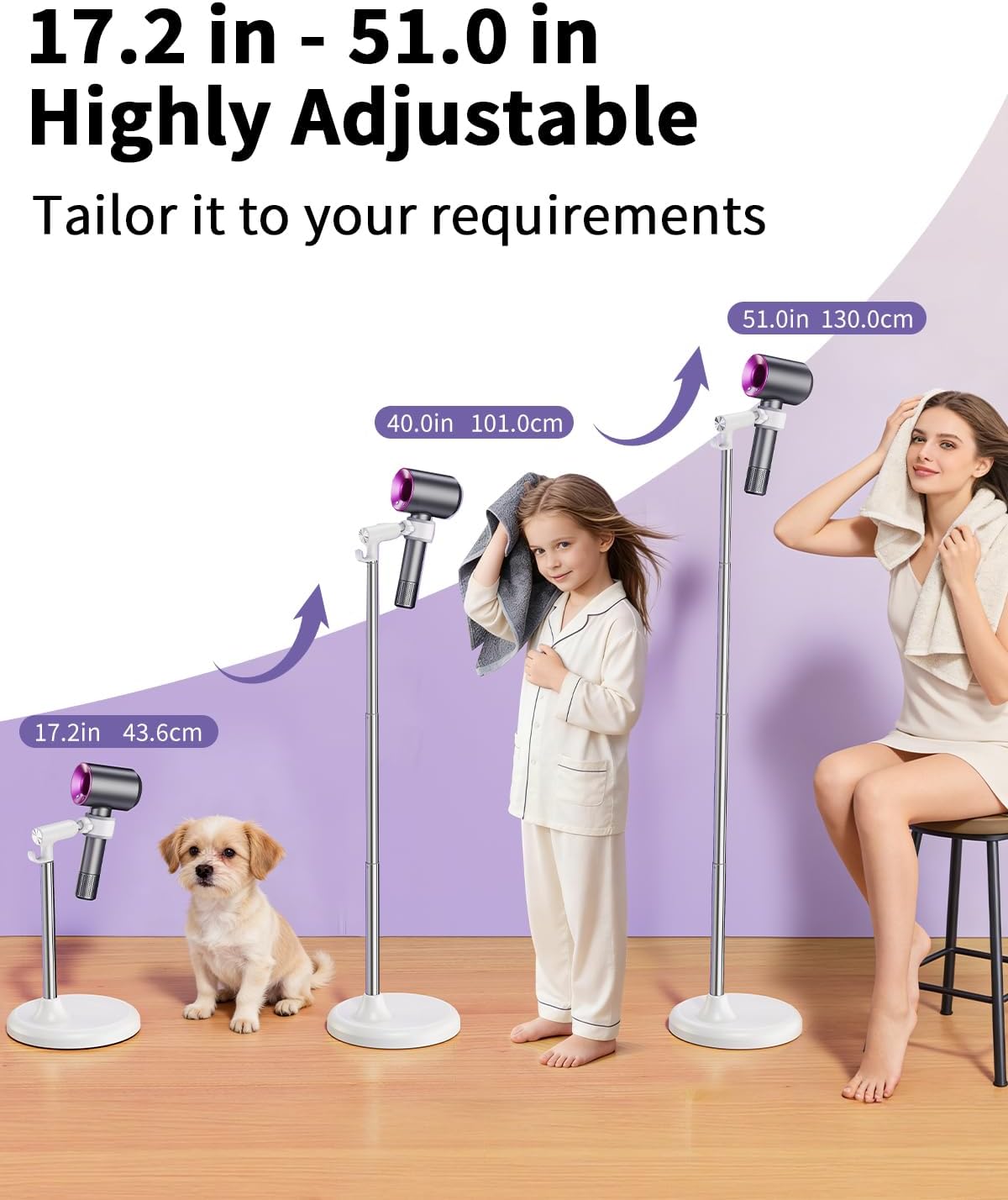 Floor Standing Hair Dryer Stand Holder, 360° Degree Rotating, 17 in - 51 in Height Adjustable Blow Dryer Stand Hands Free Works for Frozen Shoulder, Arthritis, & Wrist Pain Relief-Stand Type