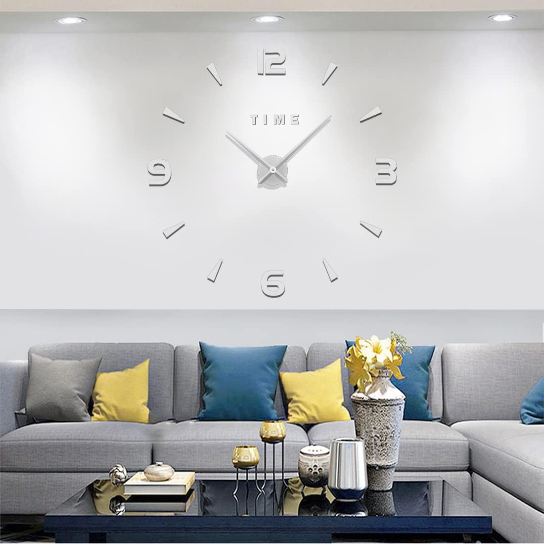 Modern Mute Frameless DIY Large Wall Clock 3D Mirror Sticker Metal Big Watches Wall Clock for living Room Kitchen Home Office School Decoration (Silver)
