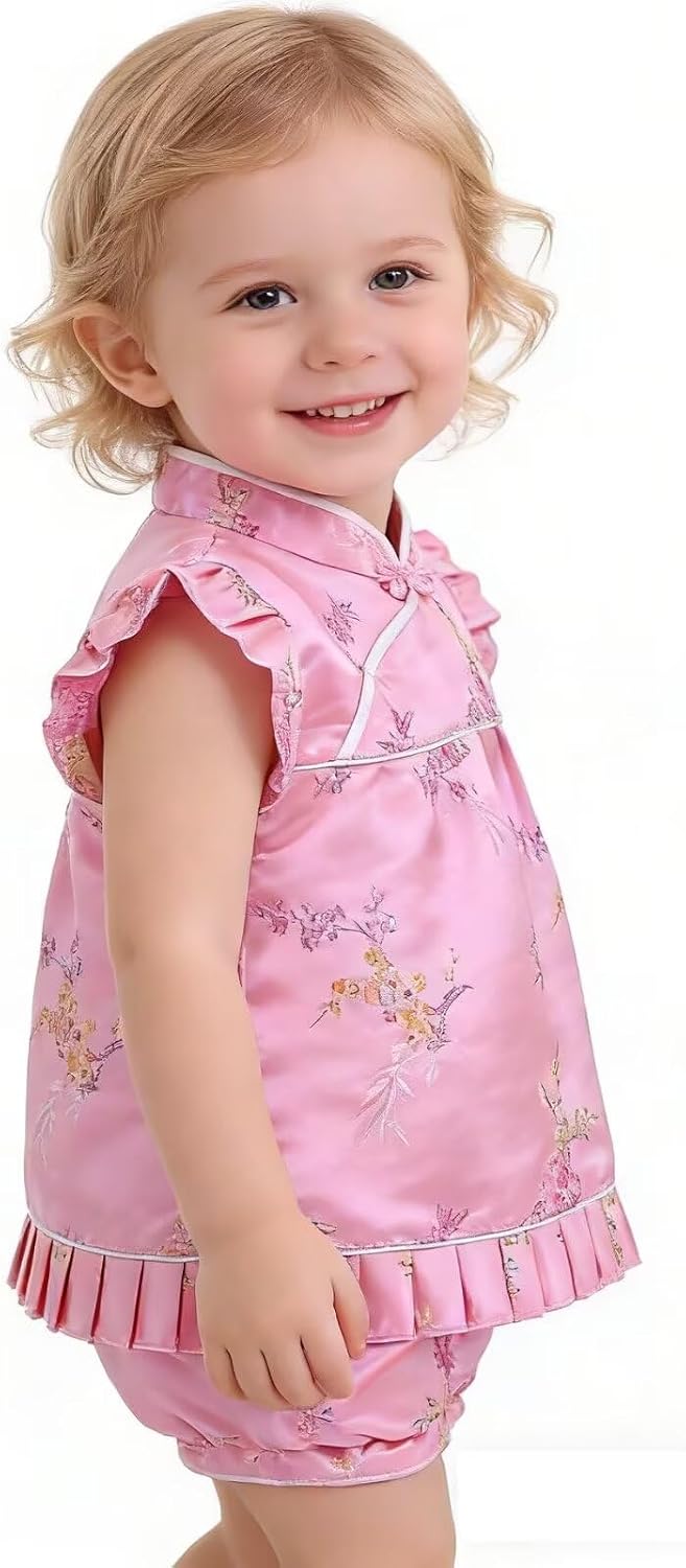 Little Girl Chinese Qipao Dress Suit Traditional Cheongsam Top + Pant Baby Girls New Year Costumes Plum Blossom Pink XL