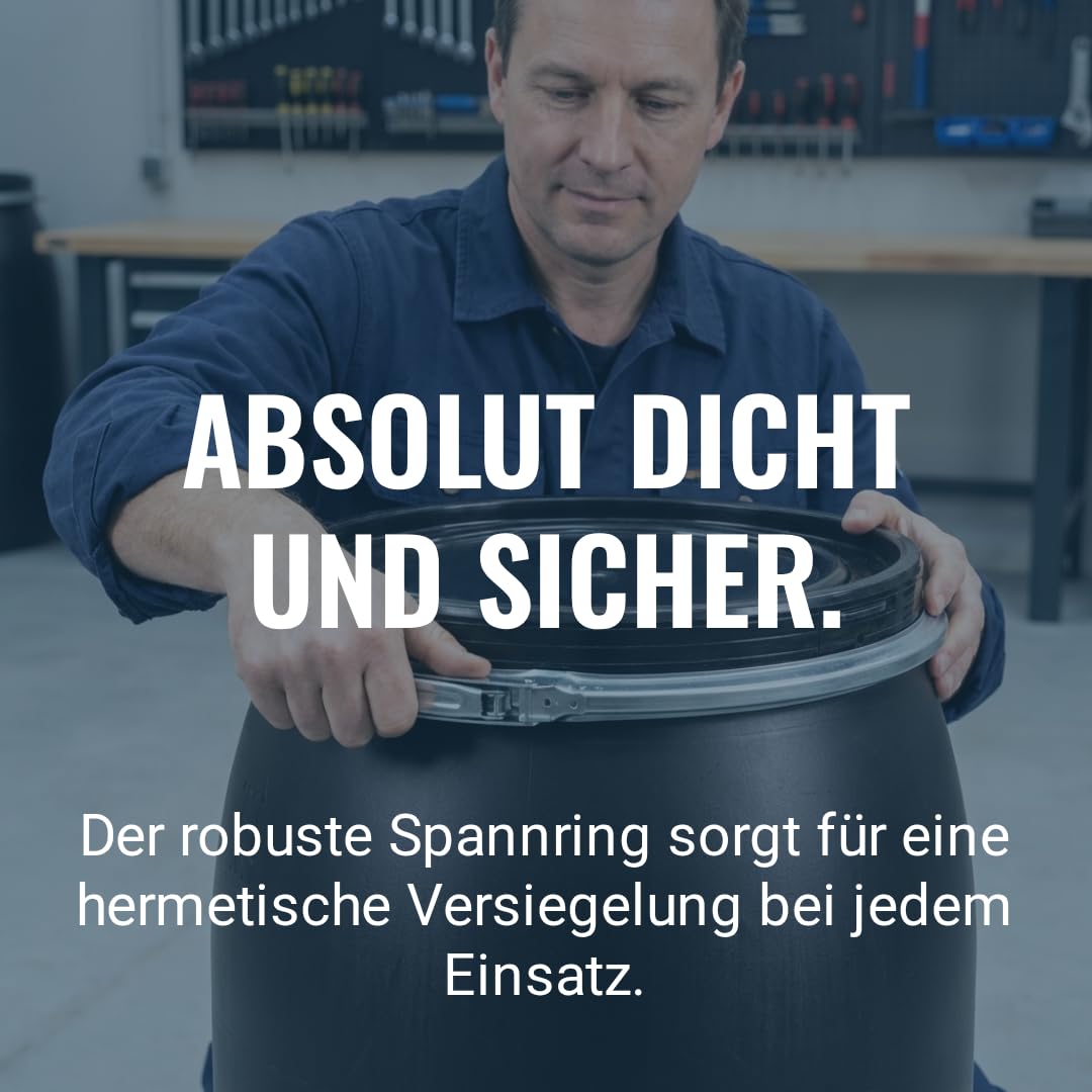 2X 120 Liter Weithalsfass Schwarz mit Deckel, Spannring und Dichtung, UN-Zulassung, HDPE Kunststofffass, Deckelfass, Lagerfass, Regentonne, Universalfass für Garten, Garage und Lager