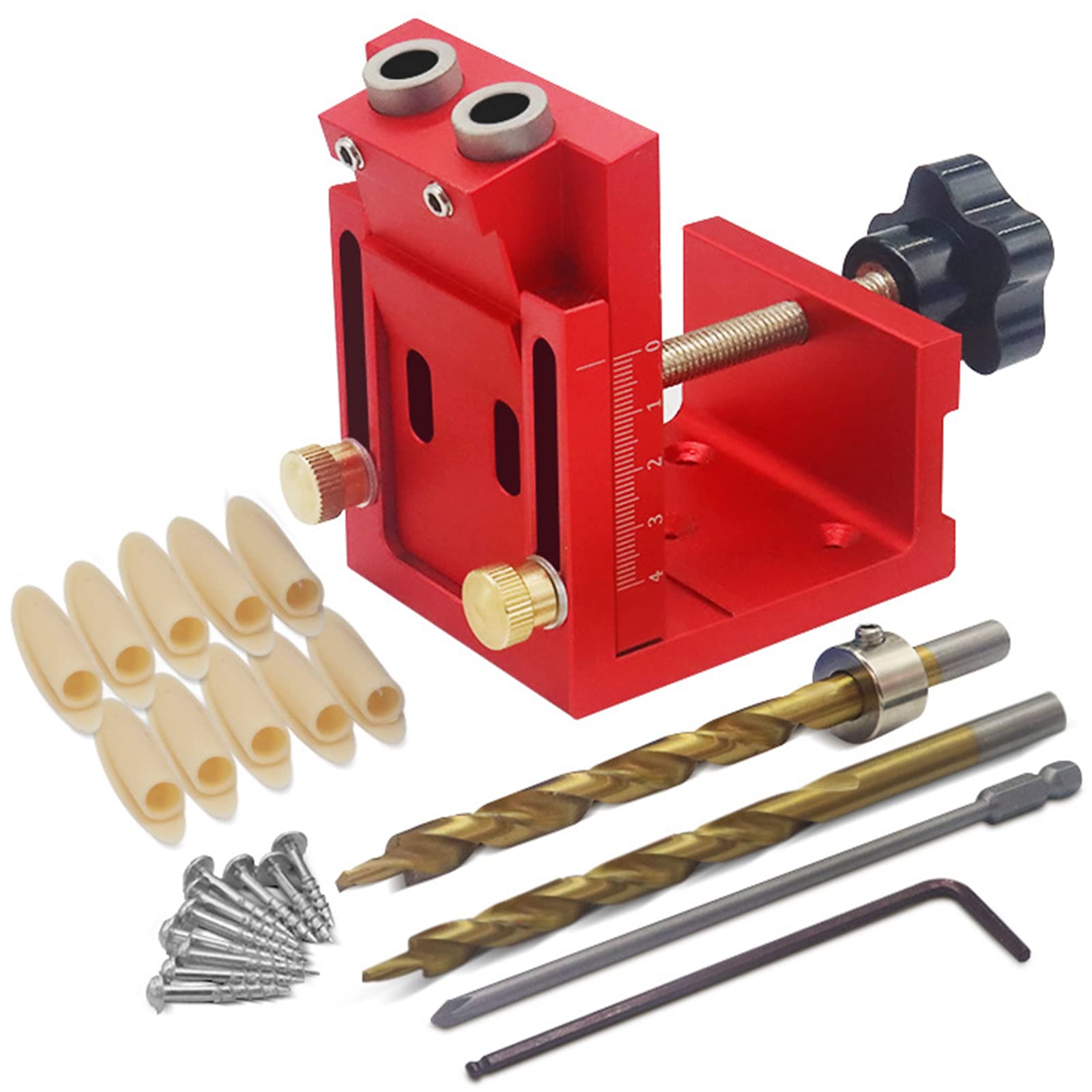 Eoweiot Pocket Hole Jig Kit, Aluminum Joinery Pocket Screw Drill Jig for 15° Angled Holes Pocket Jig Tool for Woodworking,Red