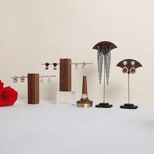 Miniatura 5 de GemeShou 3pcs wooden earring display stands for shows, dangle t bar earring hanger, hoop earring holders for jewelryWalnut Brass earring T stand set