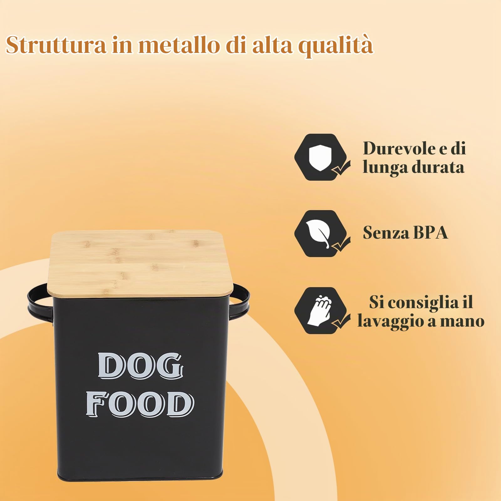 Pethiy Set di contenitori (2 pz) per alimenti per animali domestici, in acciaio al carbonio rivestito, coperchio in legno a tenuta stagna, con paletta, per Cibo secco per Cani-Nero