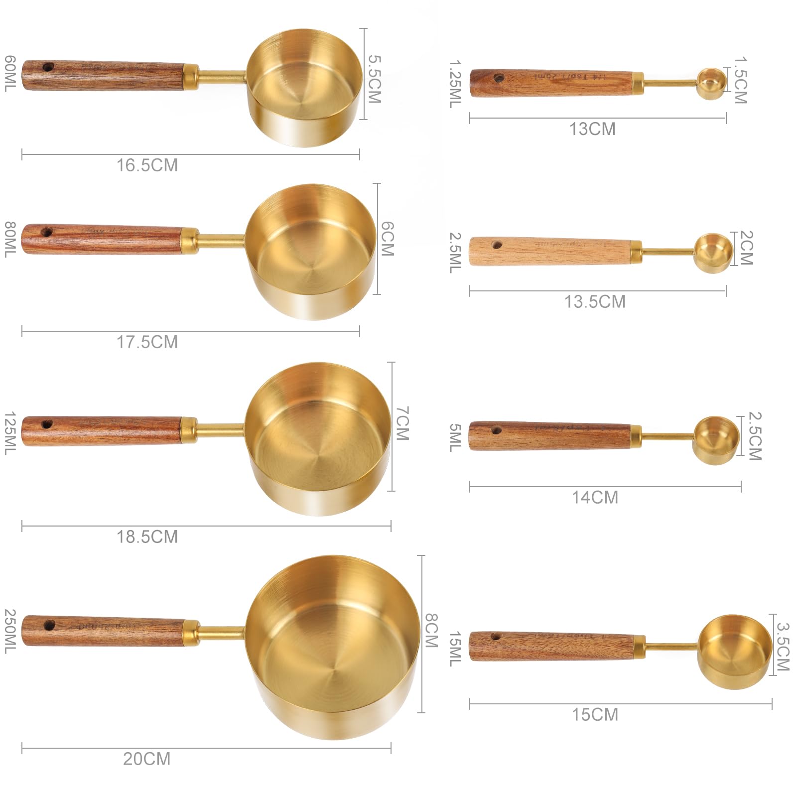 Gold Measuring Cups Set of 8, US Measurements with Metric and Fragrant Wood Handle, Stainless Steel Measuring Cups for Kitchen, Cooking, Baking, Dry & Liquid