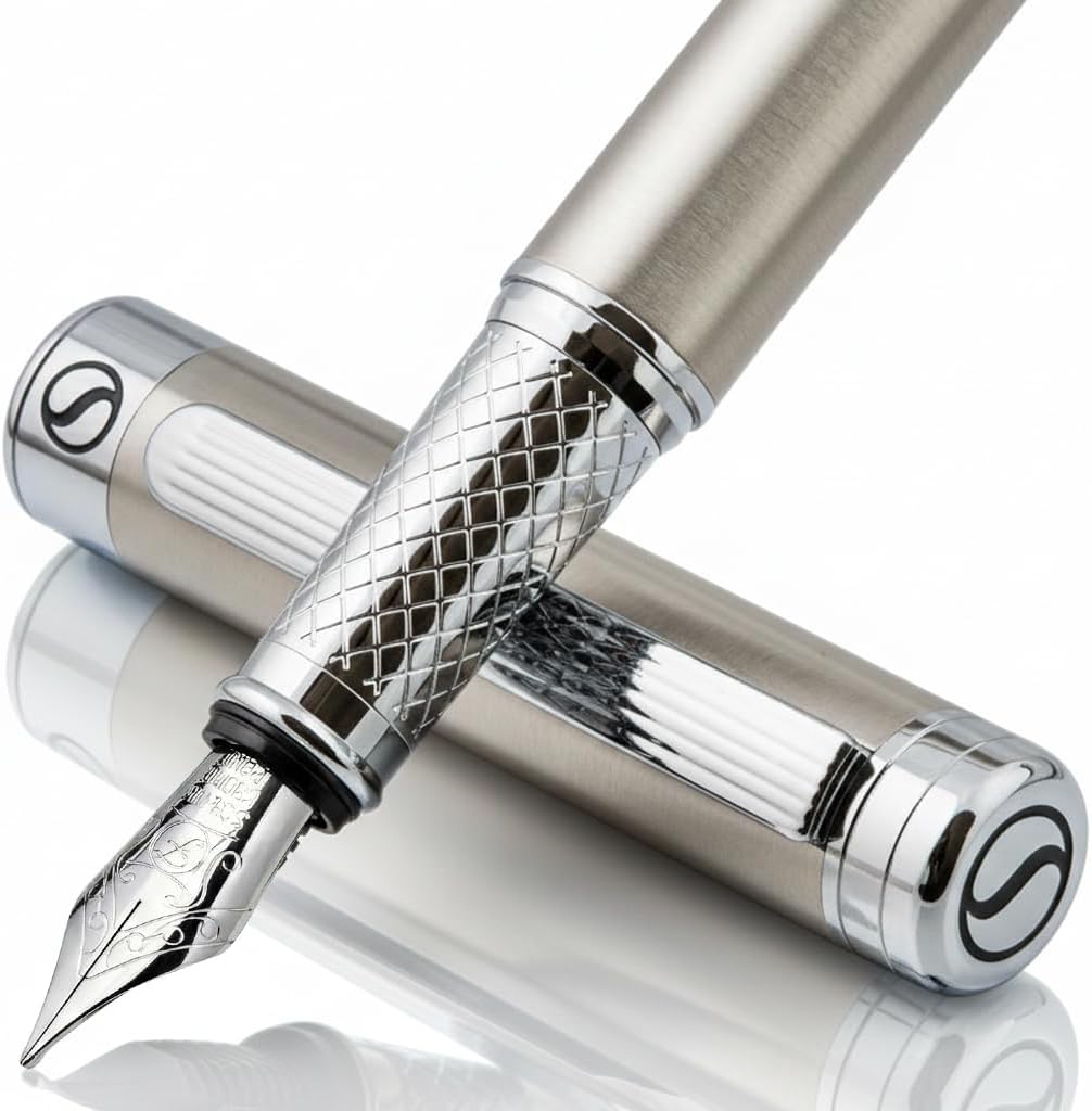 Stainless Steel Fountain Pen - Stunning Luxury Pen with Steel Finish, Schmidt Steel Nib (Fine), Best Pen Gift Set for Men & Women, Professional, Executive Office, Nice Designer Pens