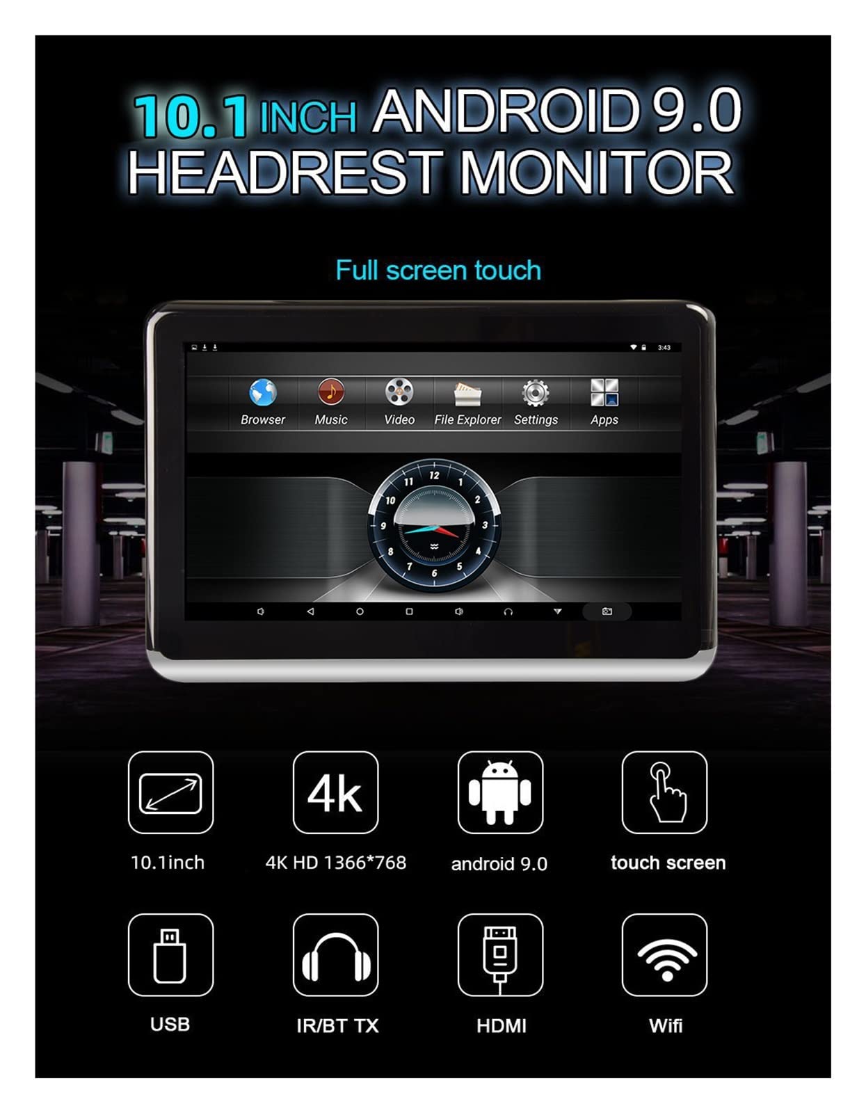Telewizor w Zagłówku, 10,1-calowy monitor montowany za zagłówkiem samochodu Odtwarzacz DVD Monitor 4K HD 1080P Obsługa/USB TF BT RAM 1 GB 16 Pobieranie aplikacji(2PCS)