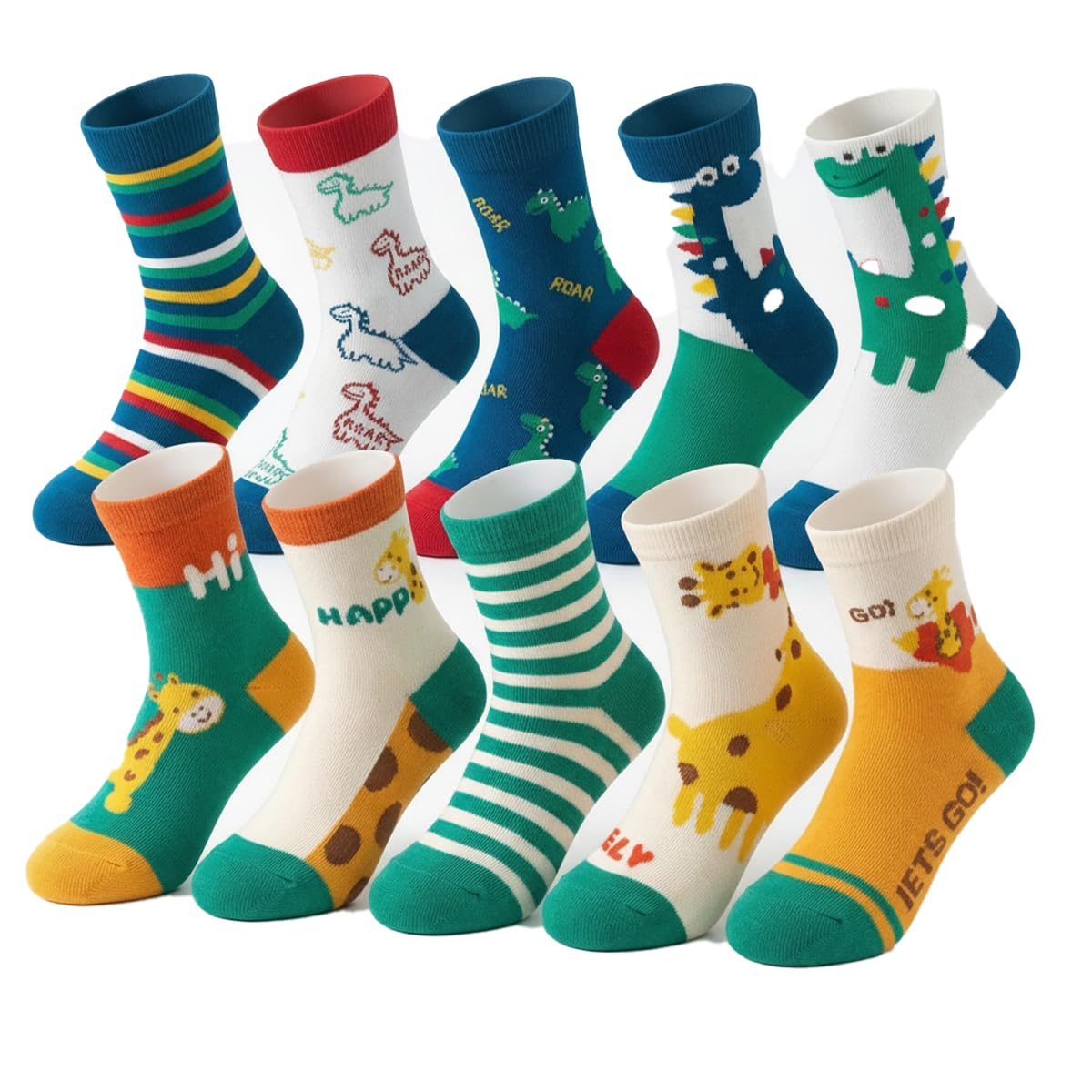 WFKKMEQ Dinosaur Socks for Kids, 10 Pairs Dinosaur Crew Socks Cotton Sock Winter Warm Novelty Sockss Funny Cartoon Cosy Breathable Cotton Anit Skid Sock for Kids Age 6-8 Everyday