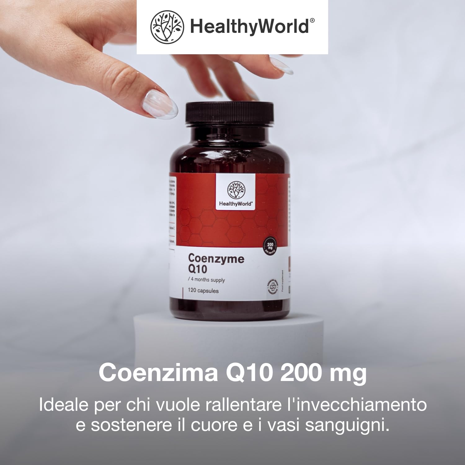 HealthyWorld® Coenzima Q10 200 mg - Alto contenuto, Foritura ottimale - 120 Capsule Vegetali - scorta per 4 mesi – 200 mg di Coenzima Q10 per capsula - Aumento di Energia, Azione Anti-age