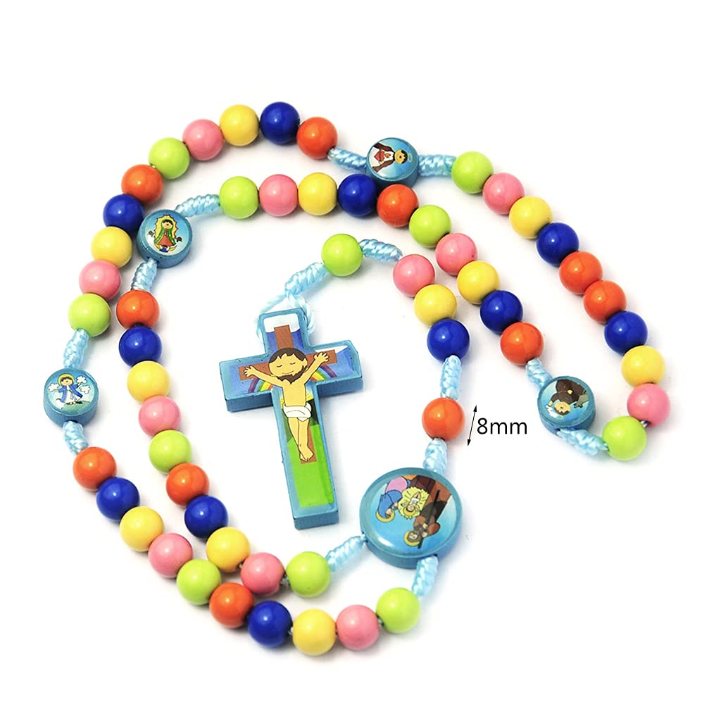 Kimu Collar de rosario con colgante de cruz de Jesús, joyería religiosa para niños y niñas, 8mm, Madera, Perla