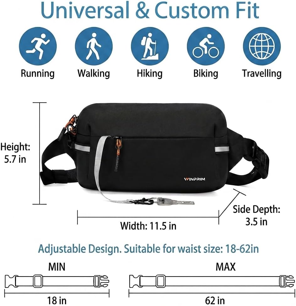 Fanny Pack for Men Women 2L Lightweight Waist Belt Hip Bag Slim Crossbody Sling Bag Adjustable Water Resistant Bum Belt Pouch for Travel Running Shopping Hiking Cycling Climbing EDC BLACK - Image 3