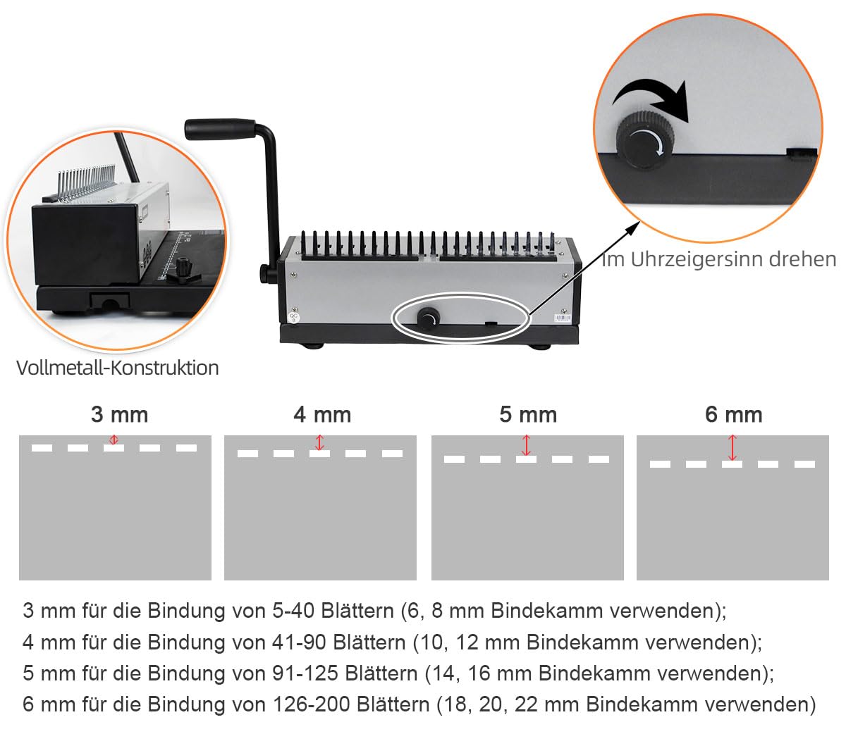 RAYSON Plastik-Bindekamm Bindegerät, 21 Löcher, Bindet 200 Blatt, SD-1201 | Robuste Metallkonstruktion, Kostenloses Bindematerial im Lieferumfang enthalten