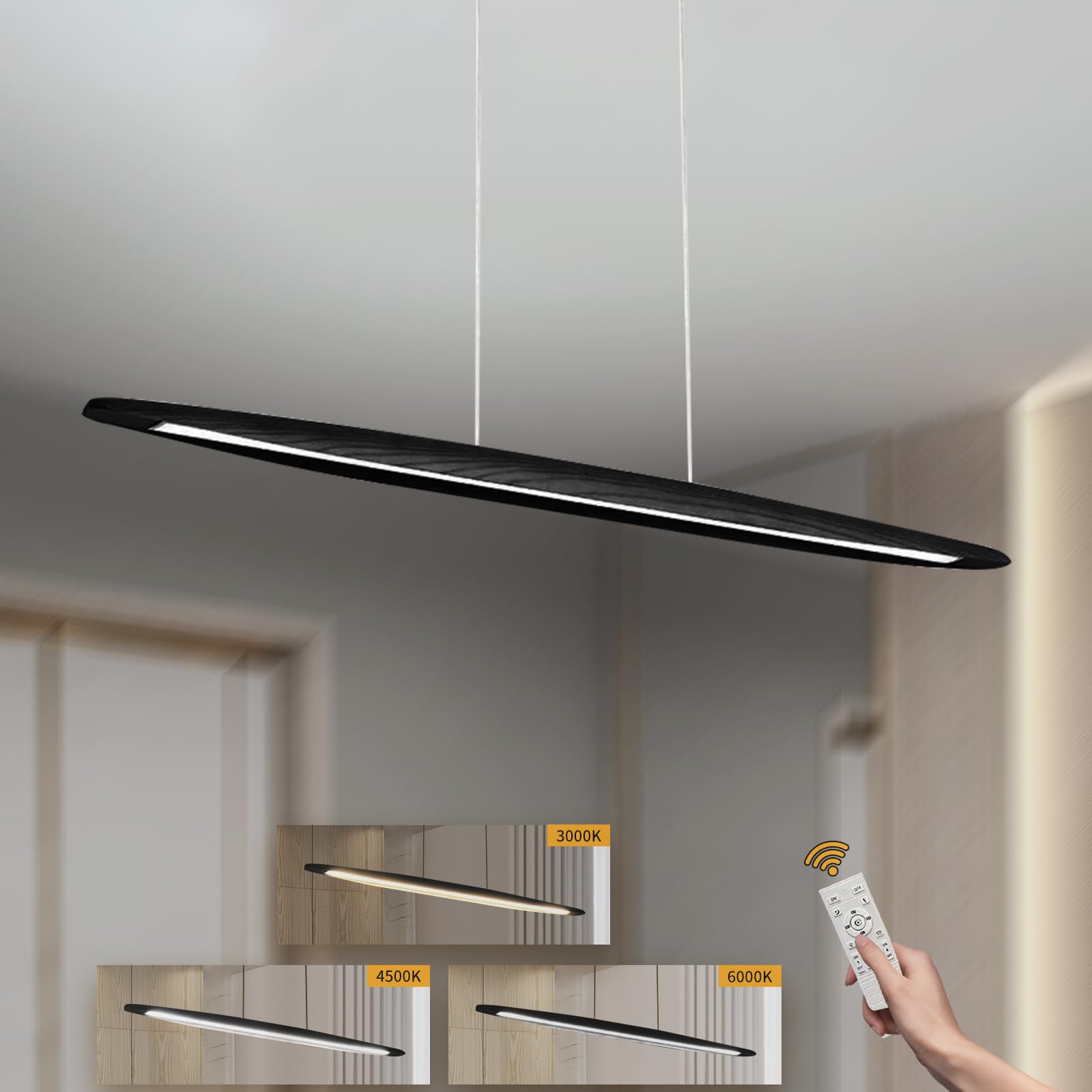 YYUTLUO LED Wood Pendant Light Dining Table Pendant Light, Black Dimmable with Remote Control Pendant Lamp, Height Adjustable, Modern Linear Design Living Room Lamp Hanging Office Dining Room (100cm) — image 1