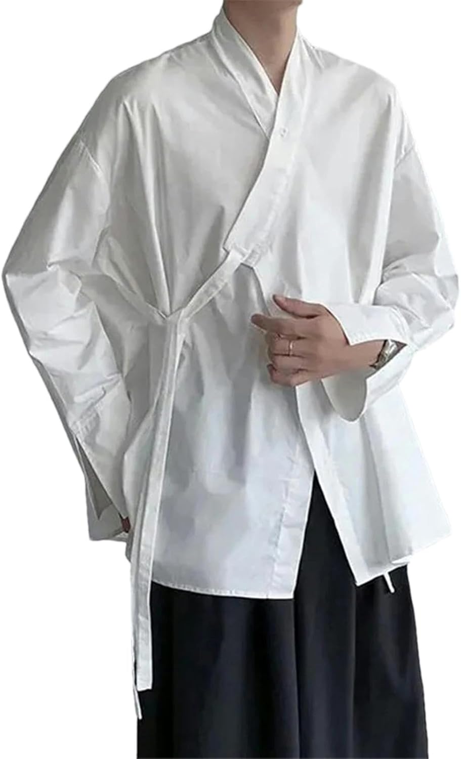 Men Chinese Long-Sleeved Shirt Simple Loose Solid Color Placket top