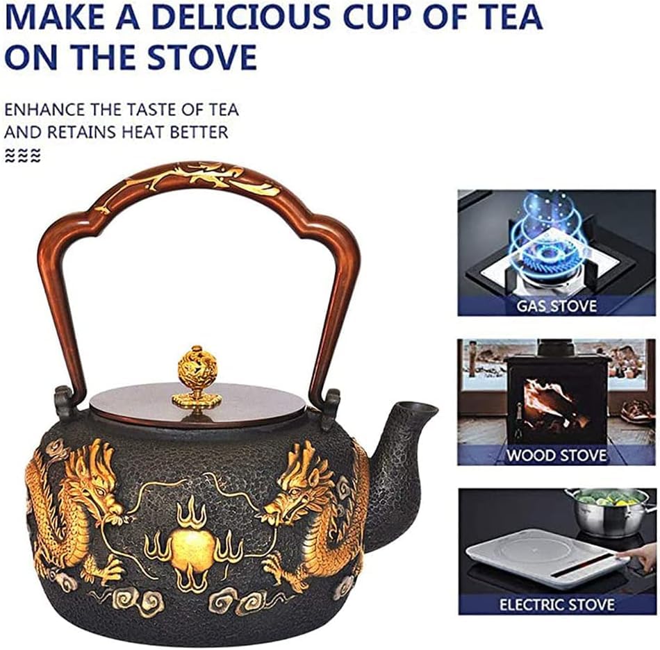 Tetera de hierro fundido, apta para estufa, tetera japonesa grande, dragón, hervidor de té seguro para hojas sueltas y bolsas de té