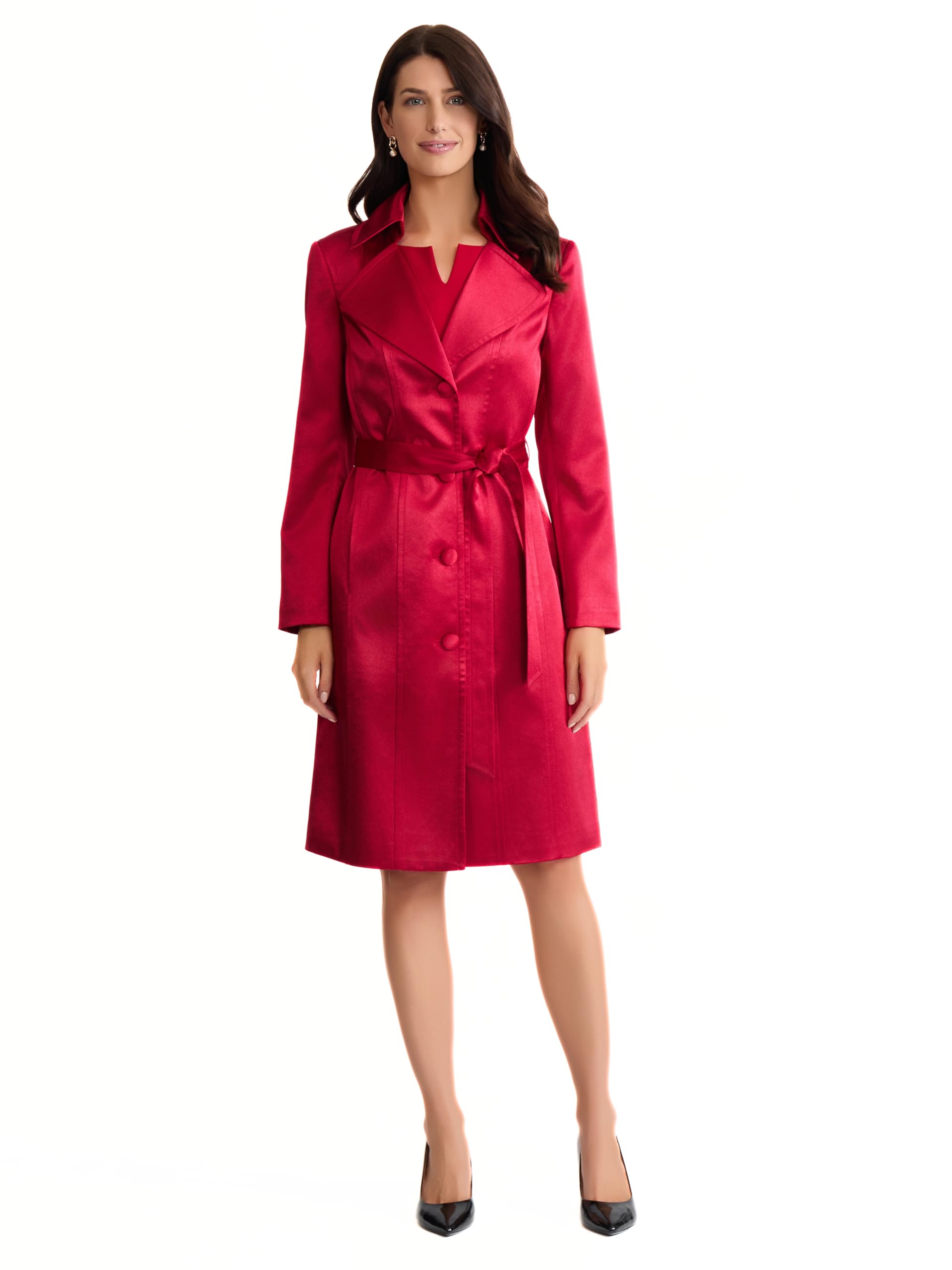 Kasper womens Belted Satin Long Trench Jacket